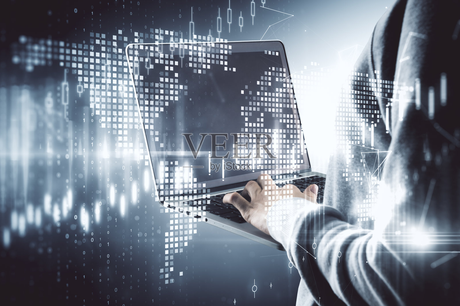 手用笔记本电脑与发光的全球股票统计数据。照片摄影图片