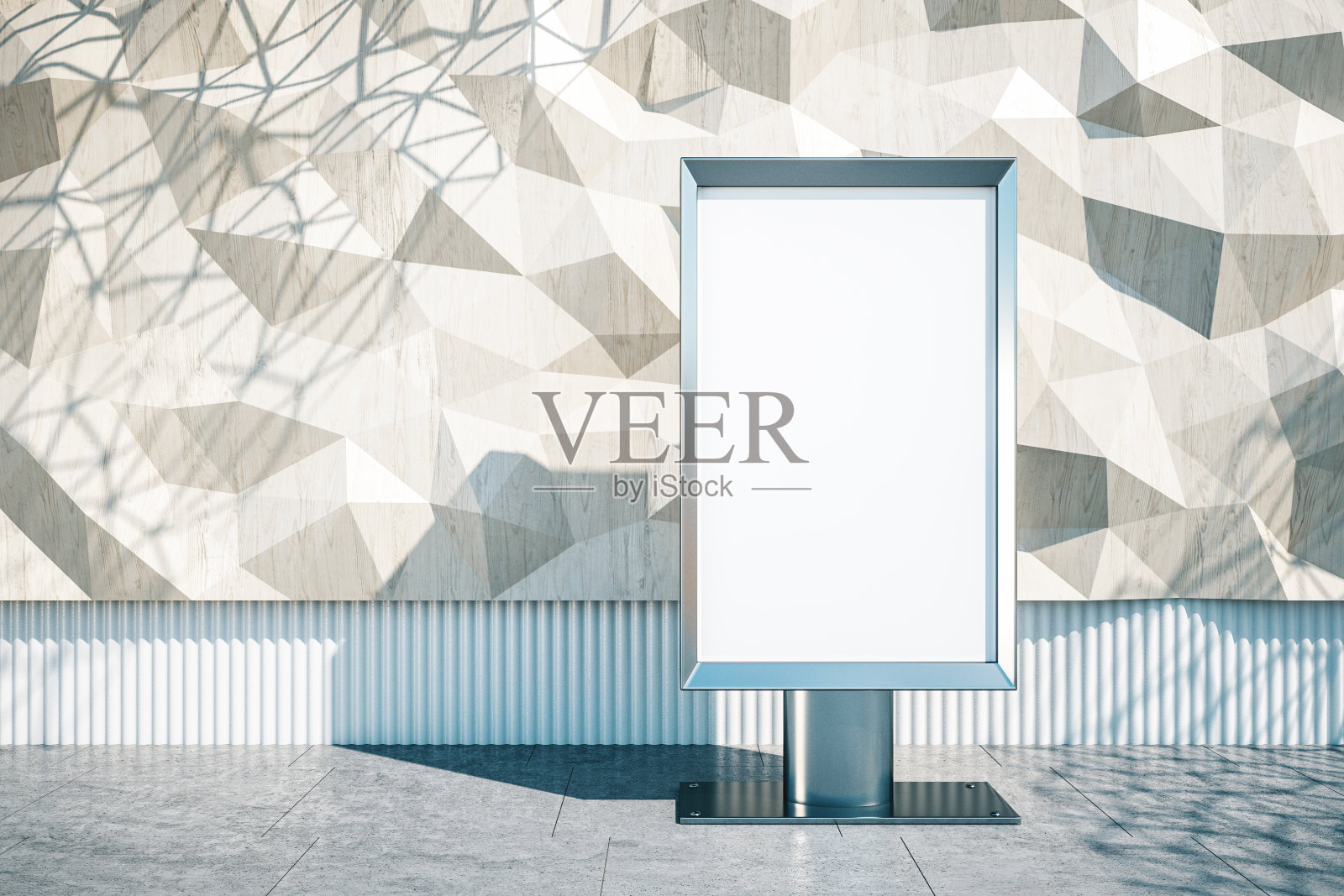 多边形墙和空白横幅的正面视图。照片摄影图片