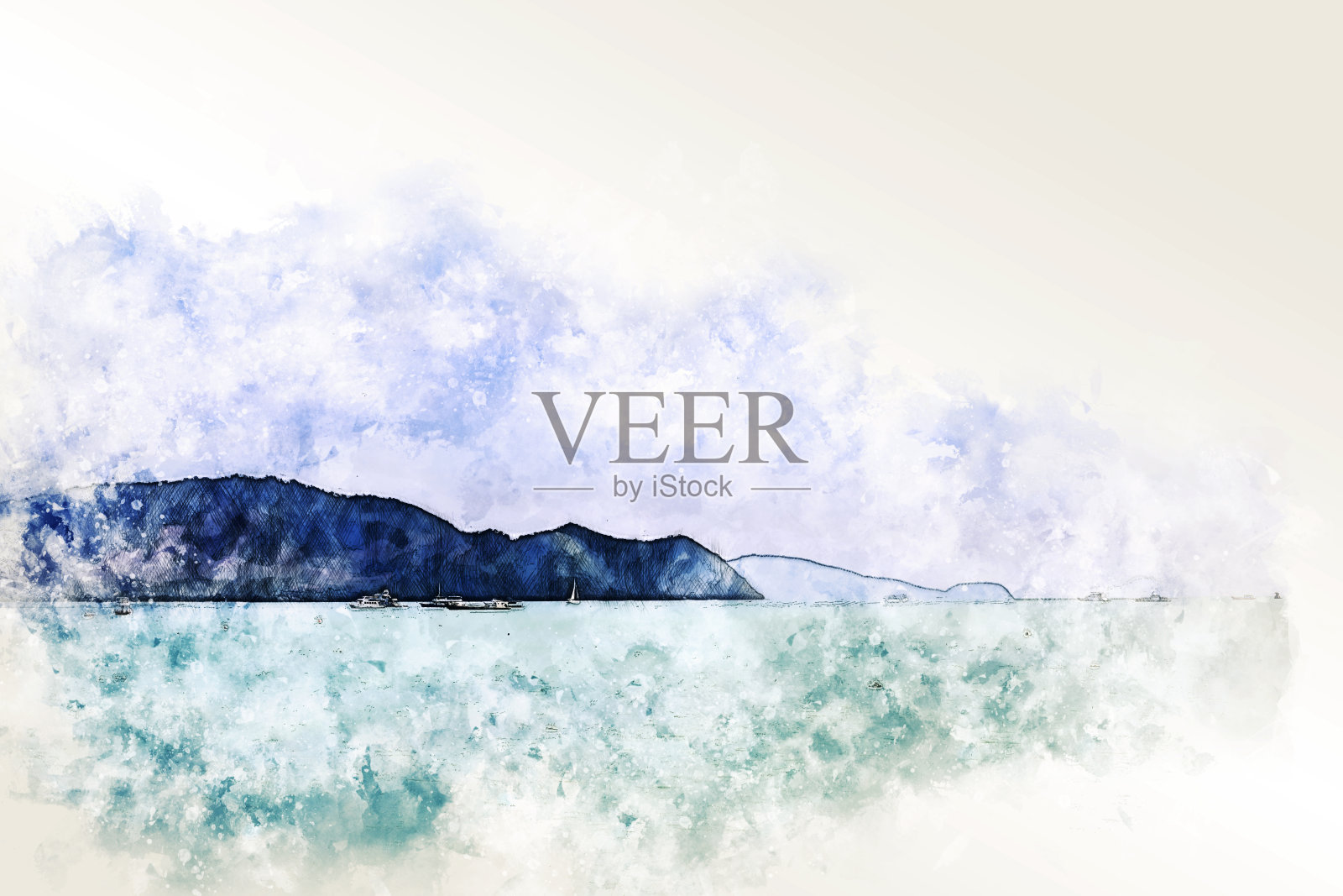 抽象彩色软波、水、海、树景观的水彩插画背景。插画图片素材