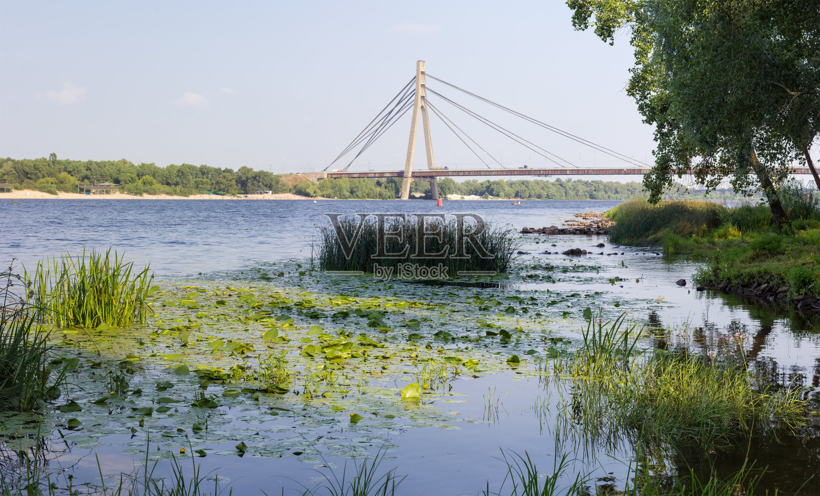 现代道路斜拉桥横跨河流，基辅，乌克兰照片摄影图片