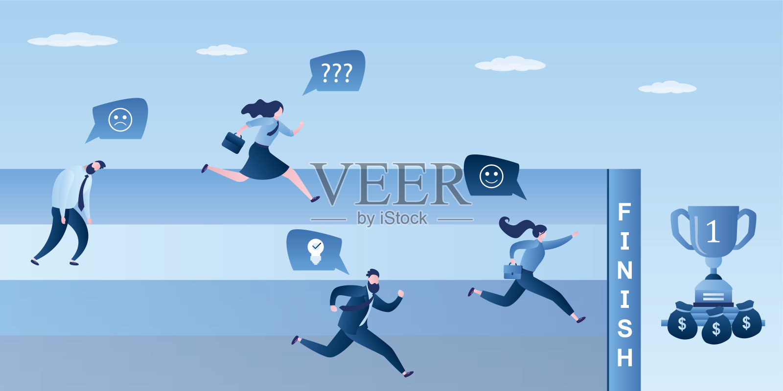 商业竞争或竞争。四个商人在跑步。胜利杯，奖金。插画图片素材