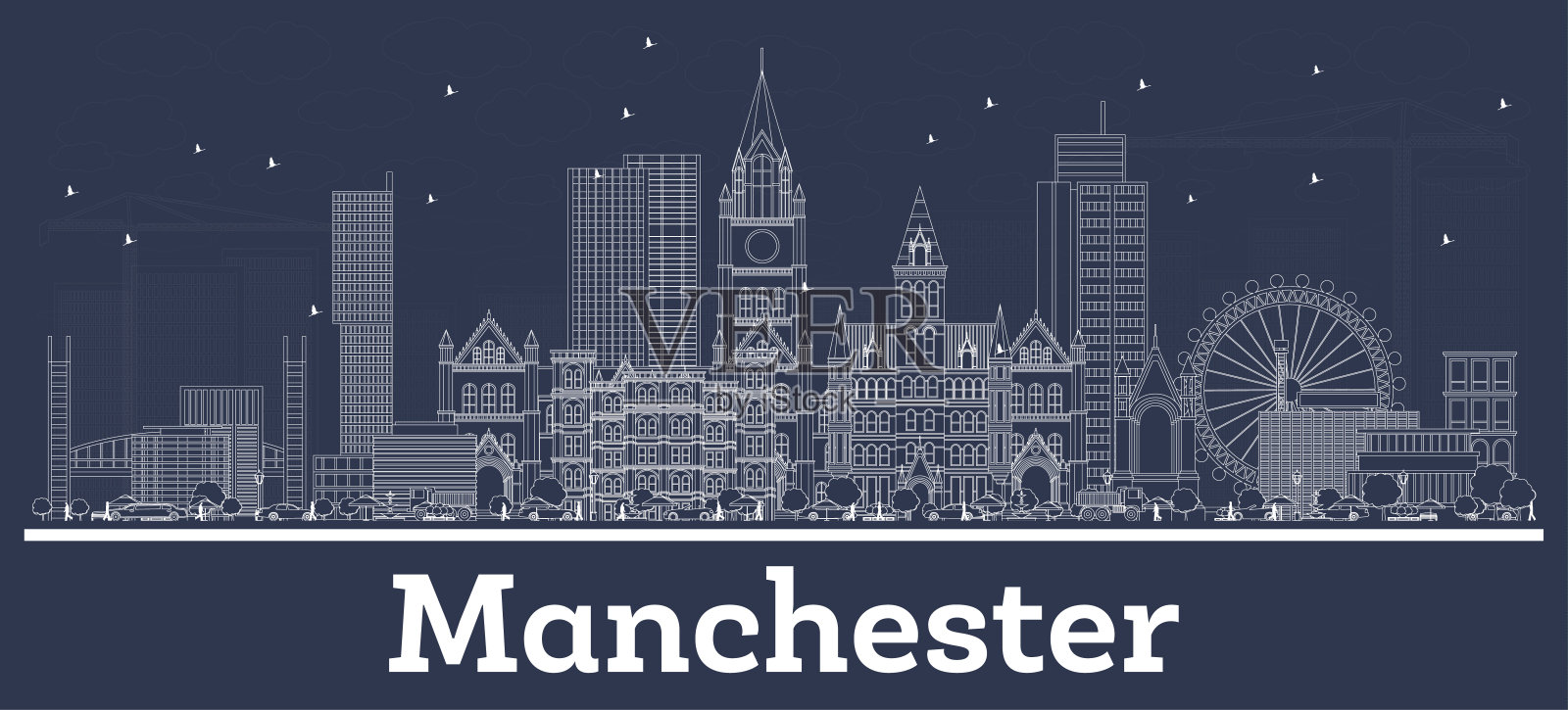 用白色建筑勾勒出英国曼彻斯特城市的天际线。插画图片素材