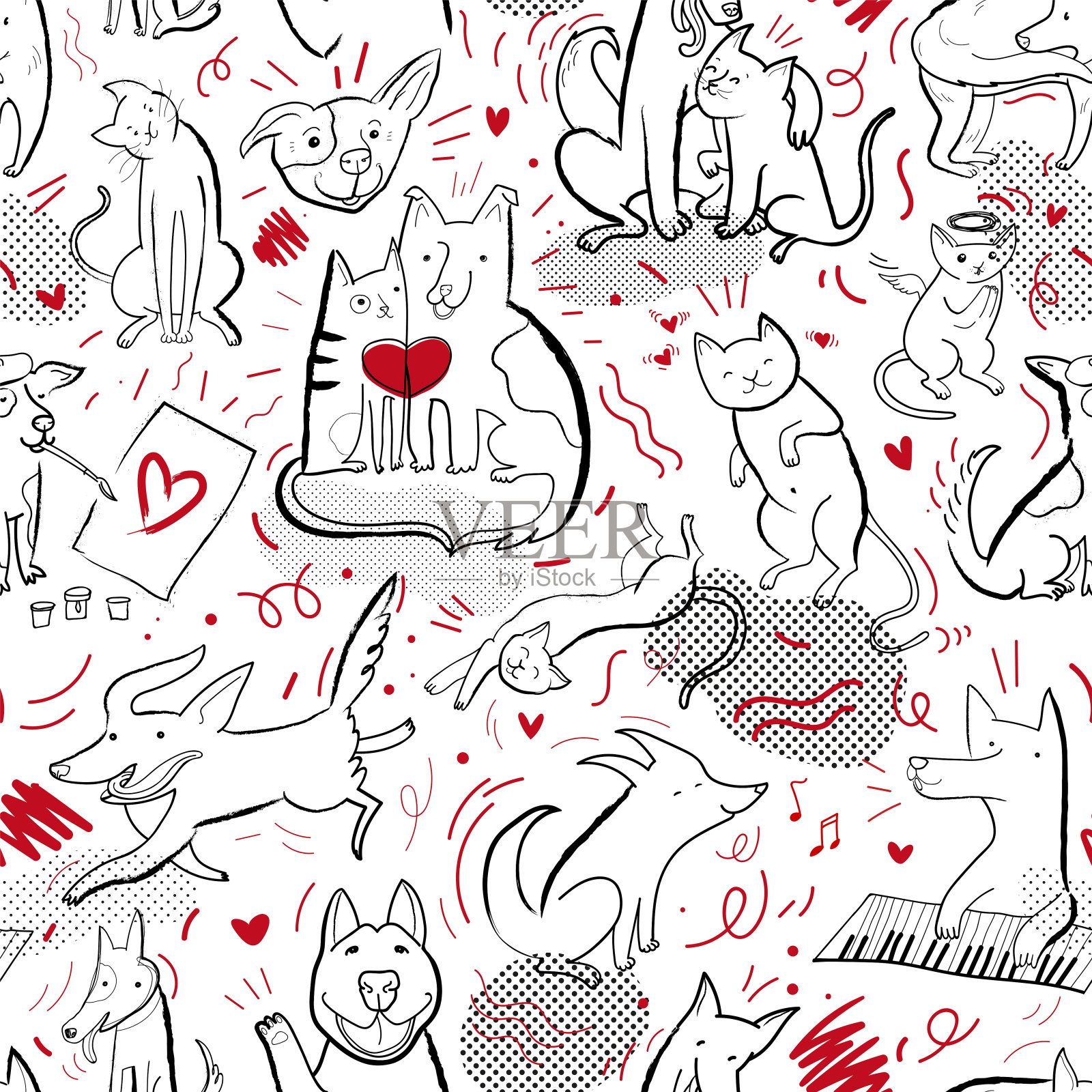 无缝矢量模式与轮廓猫和狗在不同的姿态和情绪插画图片素材