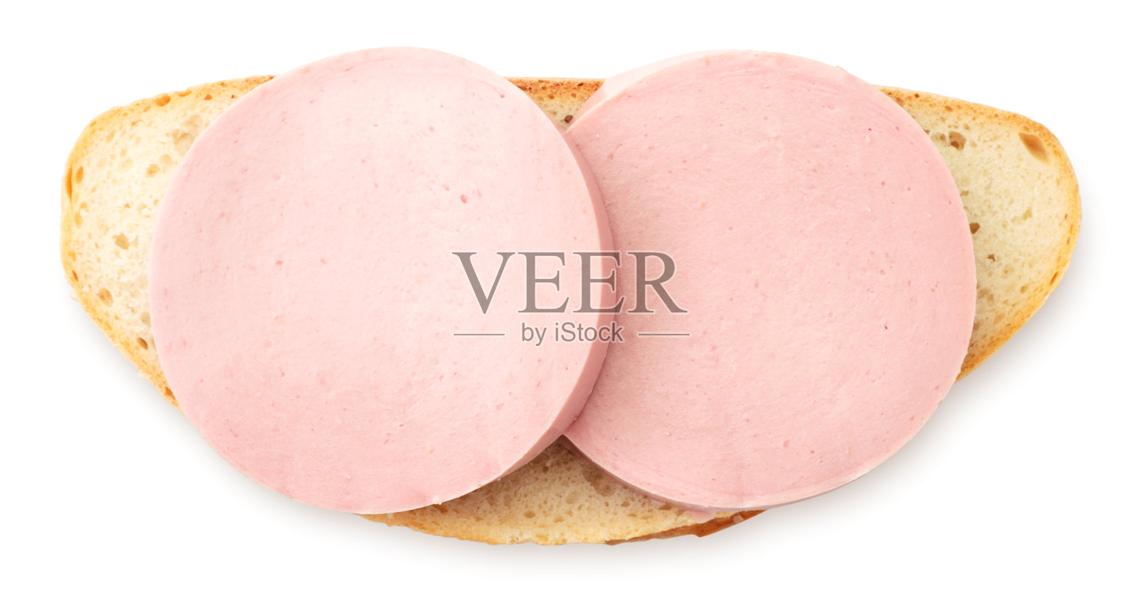 三明治与煮香肠在白色的背景，孤立。从上面看照片摄影图片