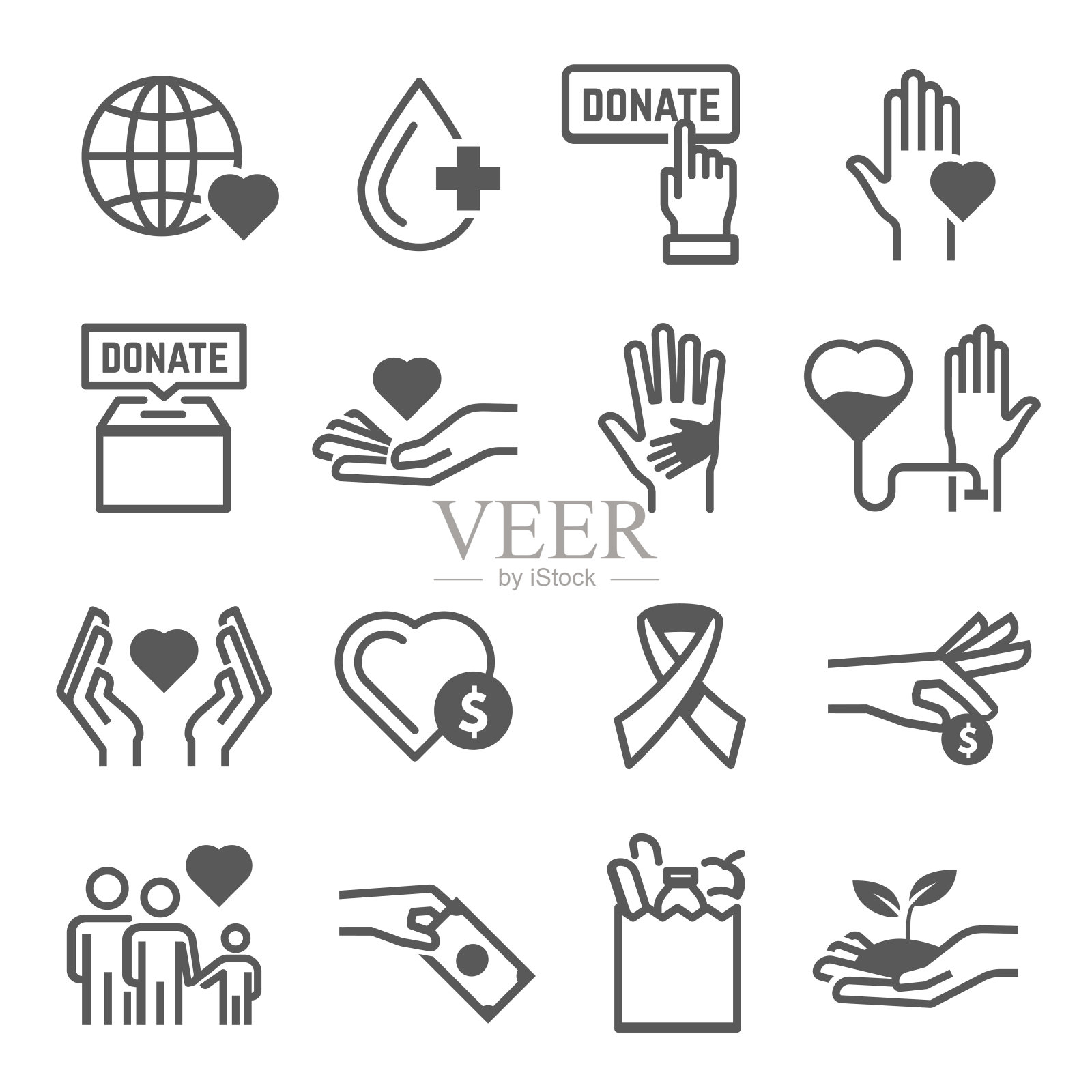 捐赠，慈善工作，慈善事业，仁爱，志愿服务线图标设置孤立的白色。图标素材