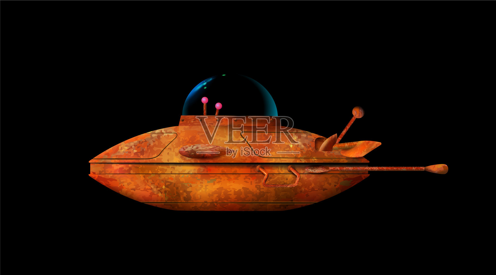 卡通3d老UFO生锈的飞船孤立上插画图片素材