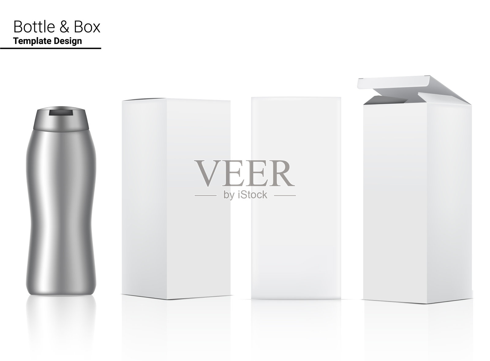 银色瓶子模拟逼真的化妆品和盒子插画图片素材