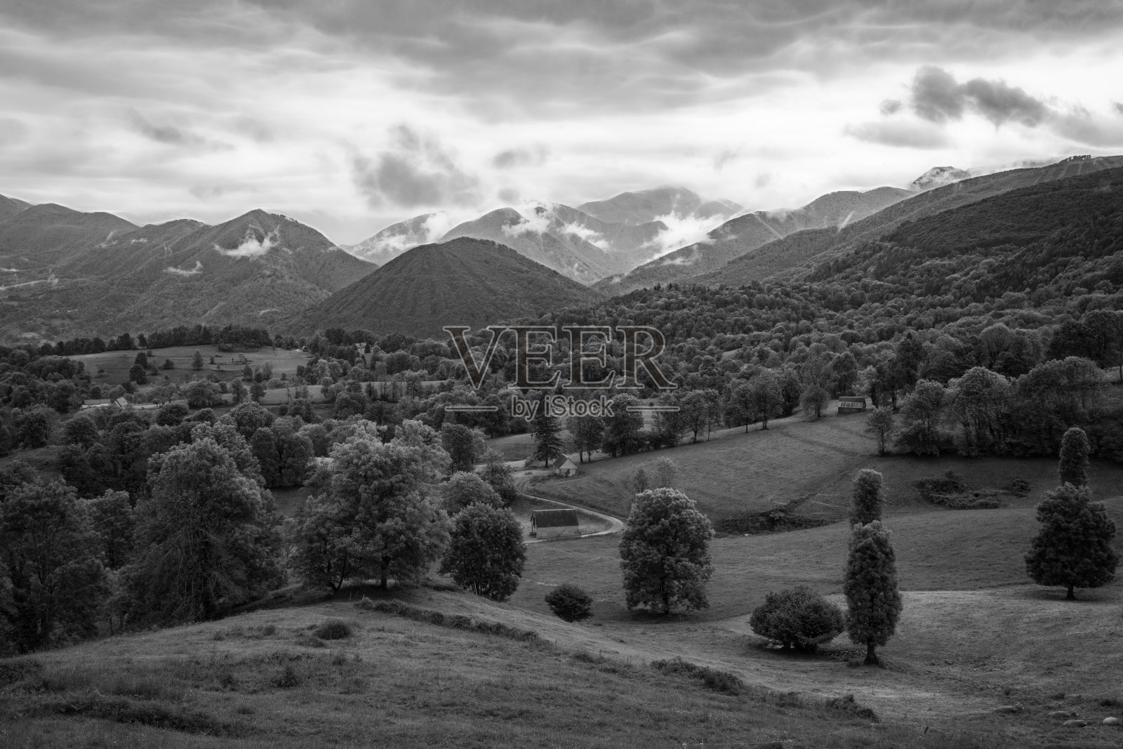 阿列日比利牛斯山脉和绿草的景观照片摄影图片