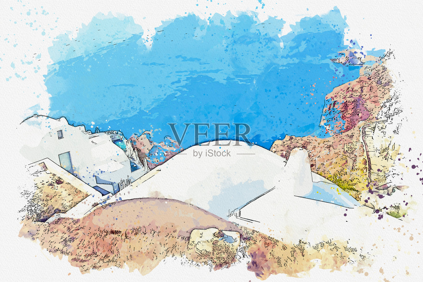 希腊著名岛屿圣托里尼岛或伊亚村的美丽景色。插画图片素材