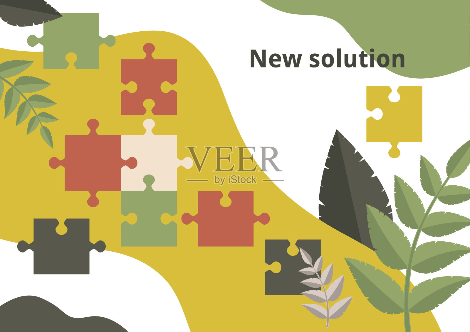 拼图的背景与树叶。团队合作的概念，协作，找到解决方案。向量插画图片素材