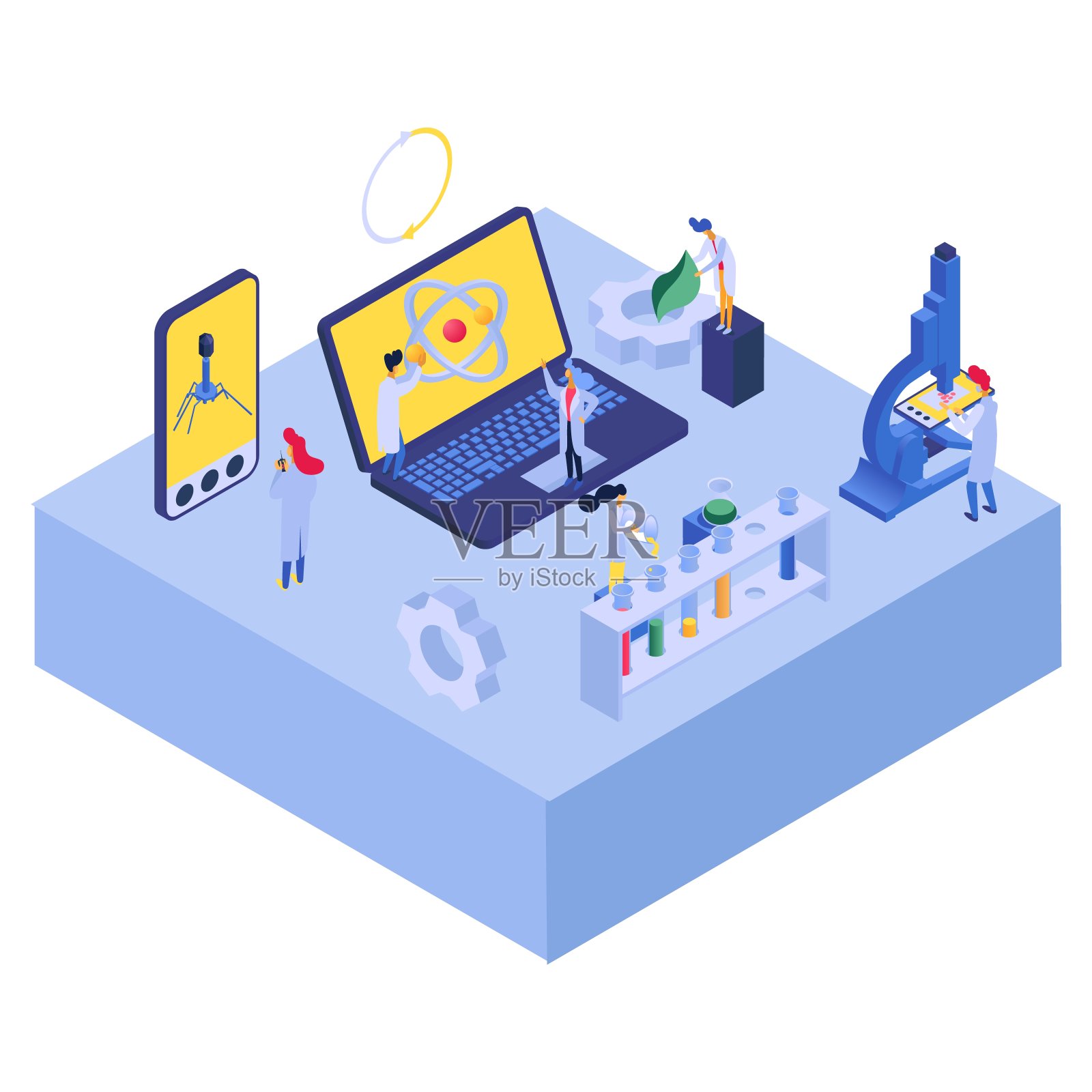 纳米技术的研究与原子，矢量插图。科学纳米技术等角旗，医学工程实验室插画图片素材