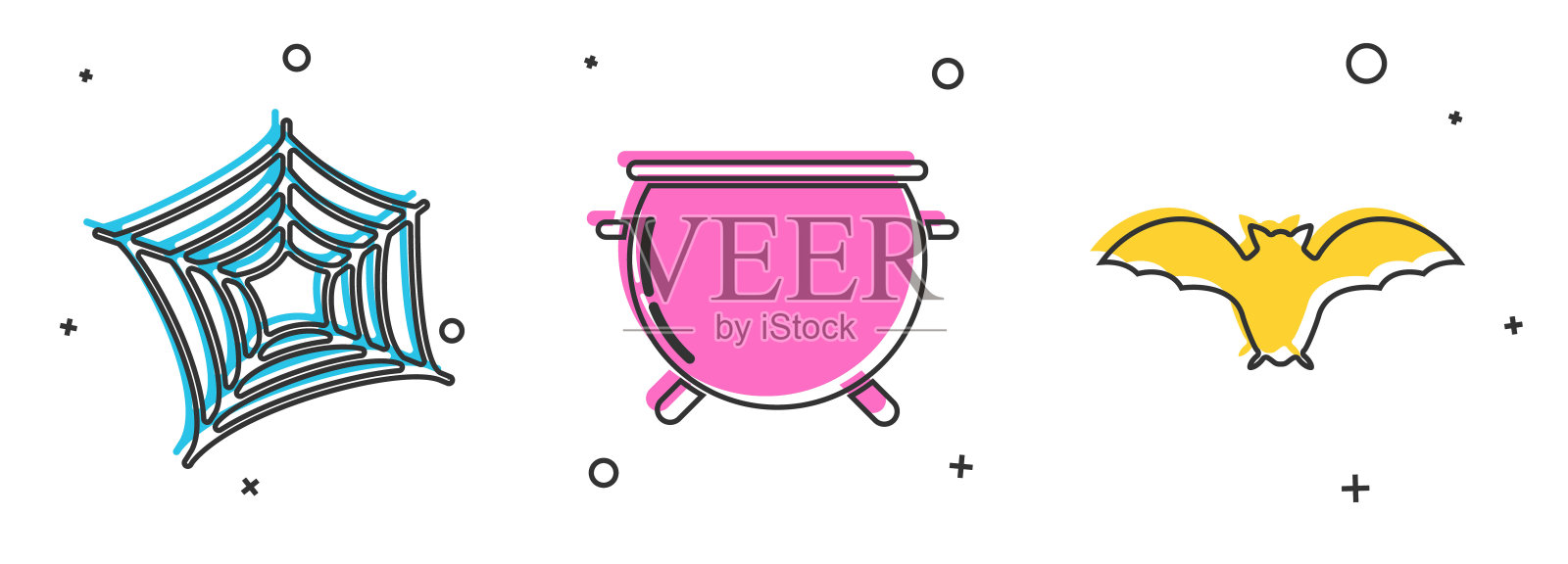 设置蜘蛛网，万圣节女巫坩埚和飞行蝙蝠图标。向量插画图片素材