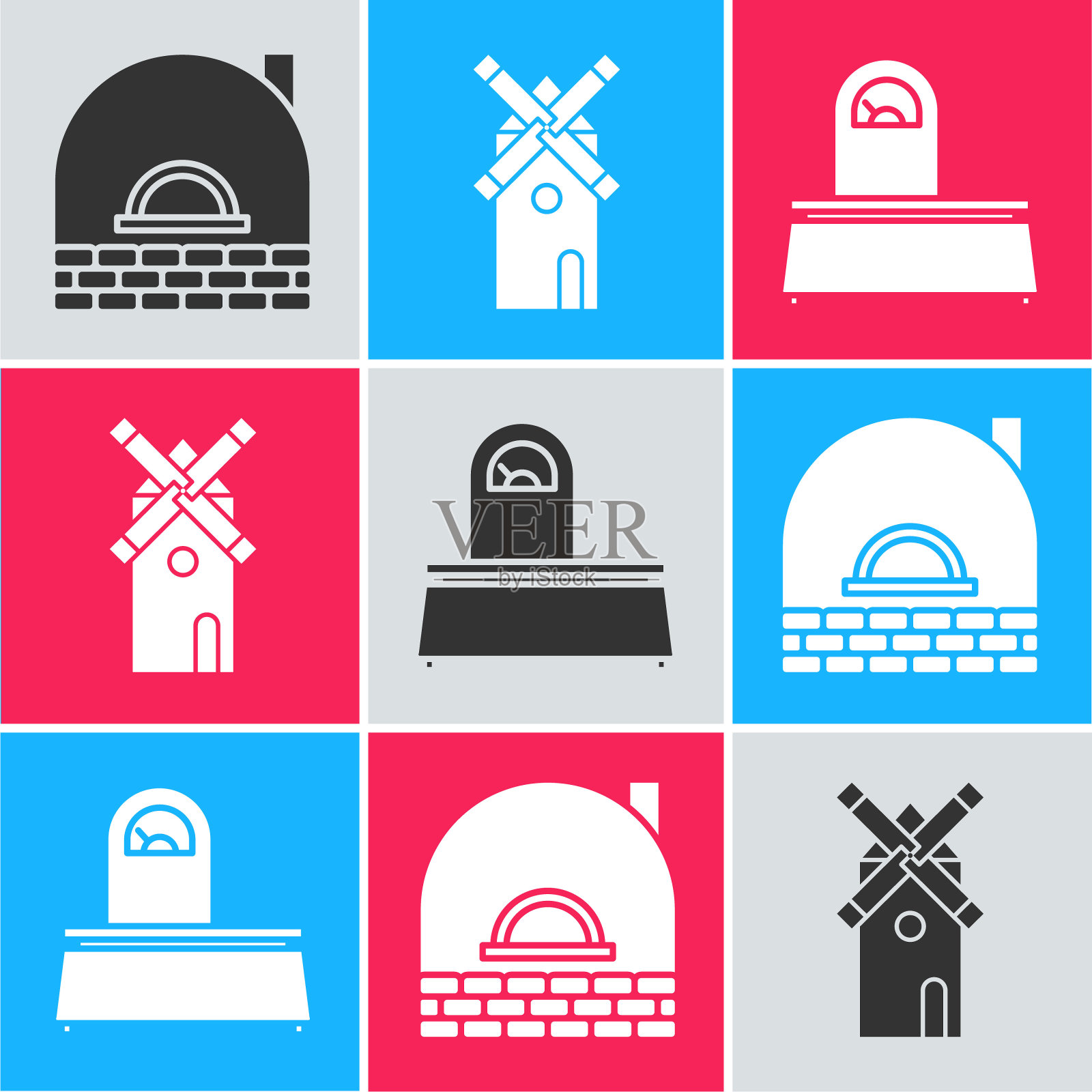 设置砖炉，风车和秤图标。向量插画图片素材