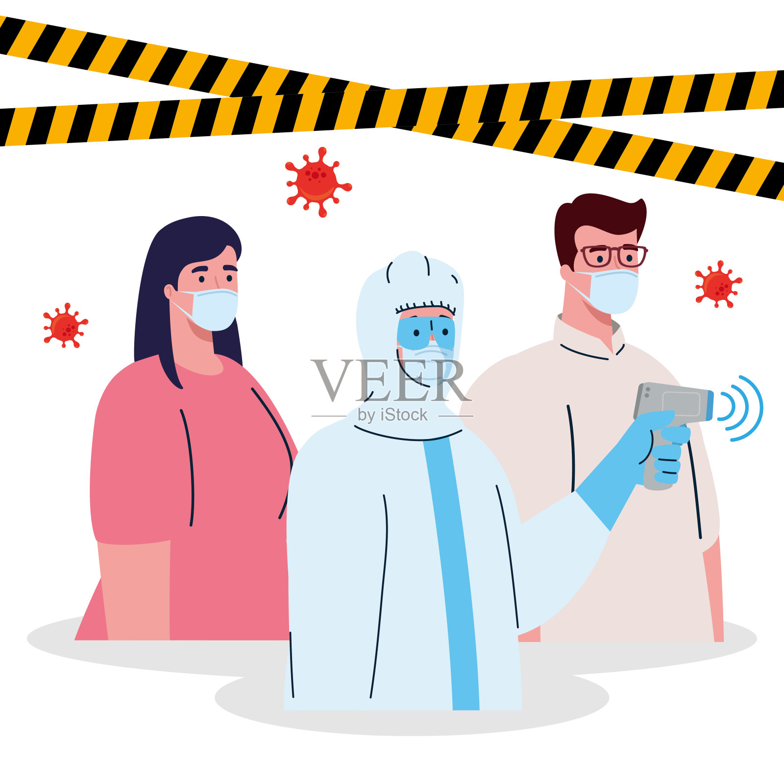 消毒，人穿着病毒防护服，配有数字非接触红外温度计，偶在检查温度插画图片素材