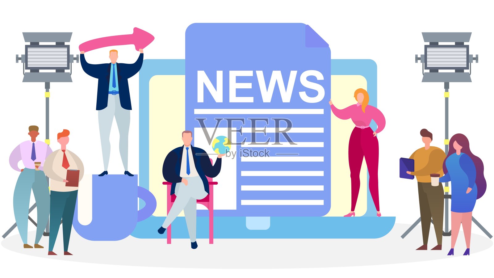 电视媒体新闻主持人，矢量插图。记者、记者人物在演播室概念中，广播采访。插画图片素材