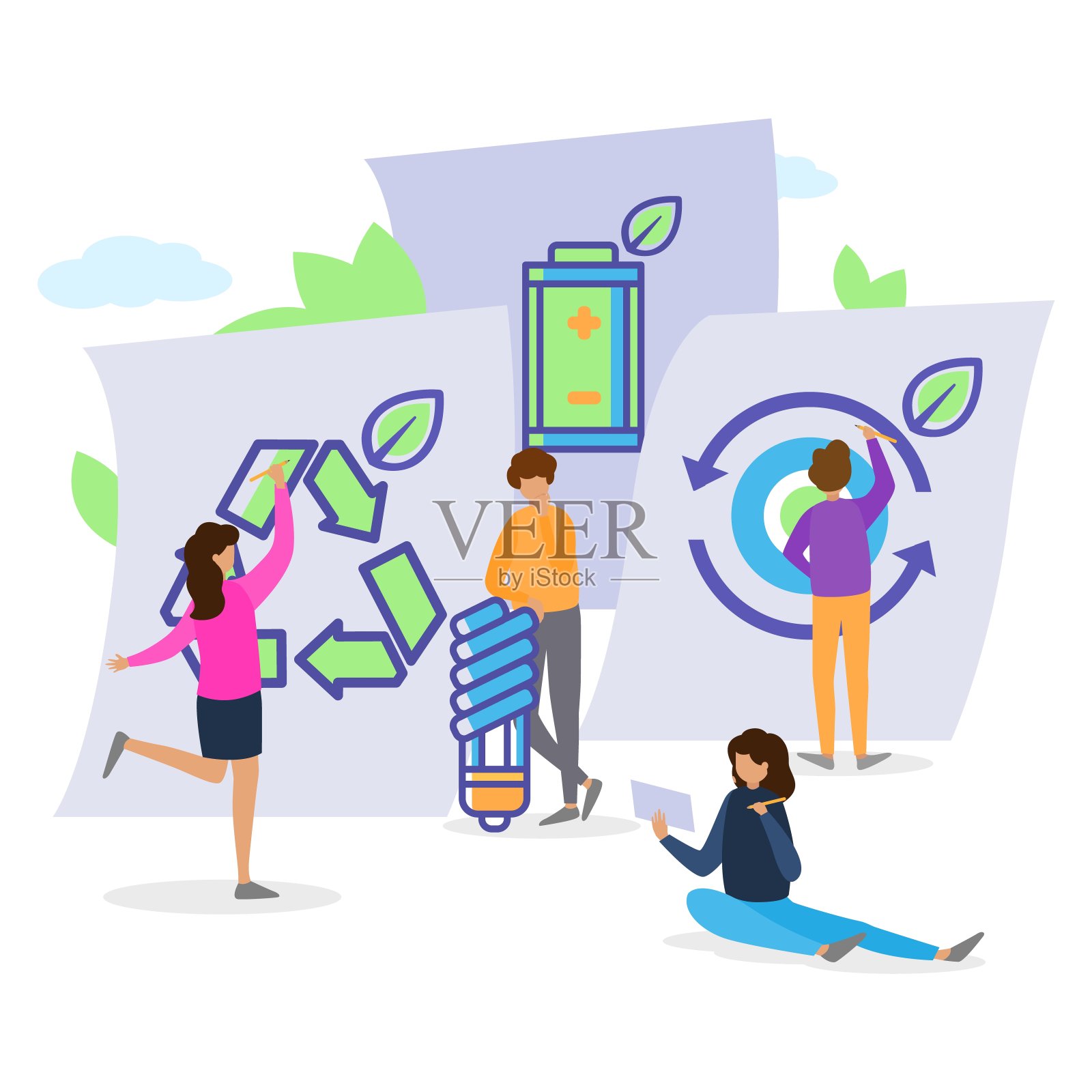 废物回收概念，生态雇员矢量图解。人男女性格设计垃圾回收。平的环境插画图片素材