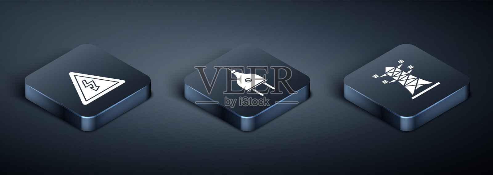 设置等距高压标志、高压电线杆线和电源插头图标。向量插画图片素材