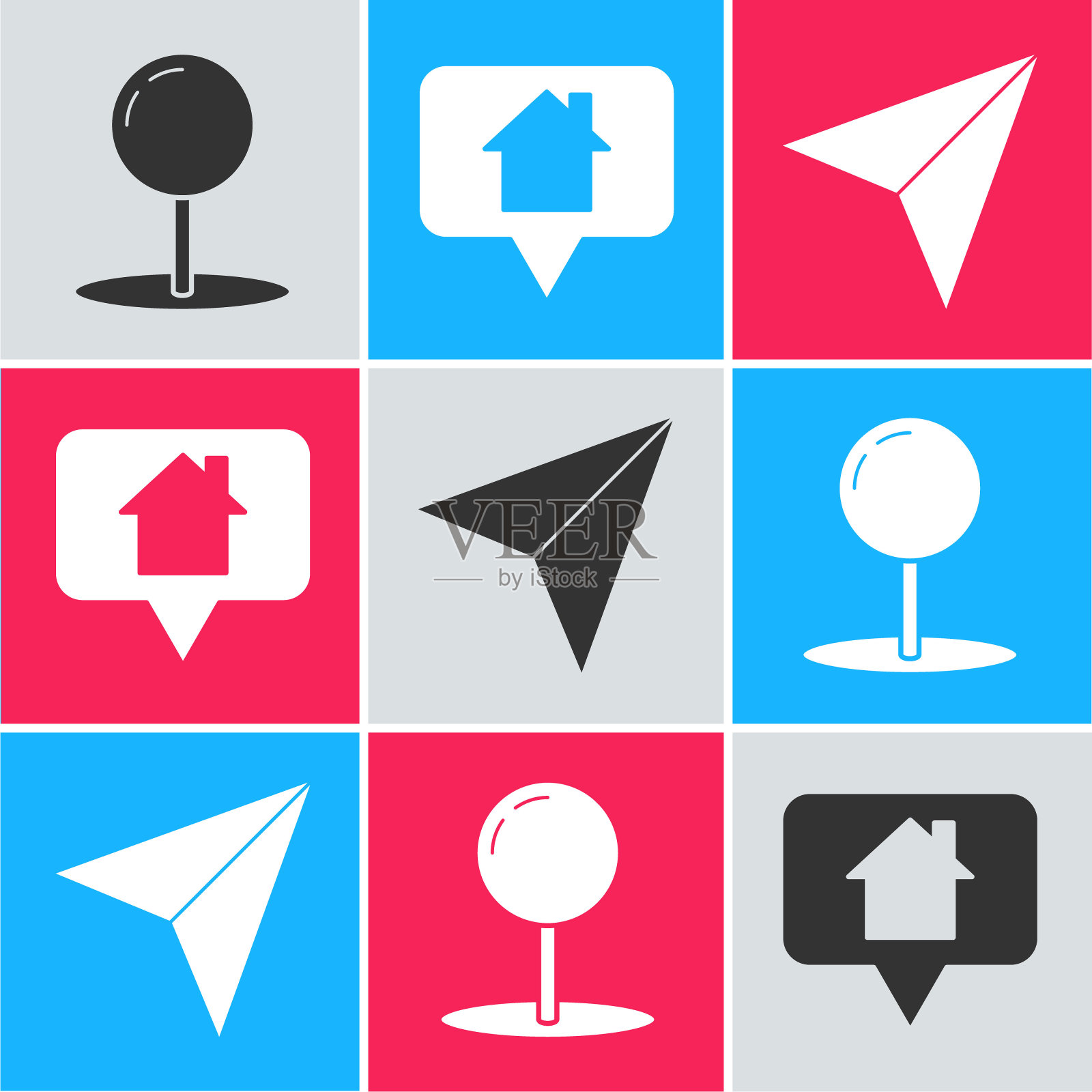 设置推针，地图指针与房子和纸飞机图标。向量图标素材