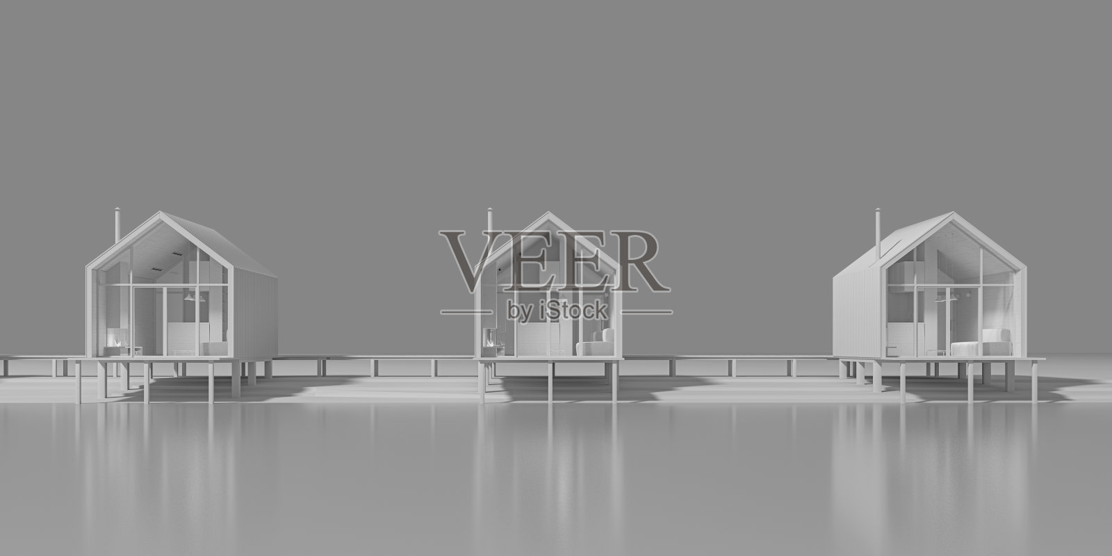 湖边谷仓风格农舍鸟瞰概念图（3D插画）照片摄影图片