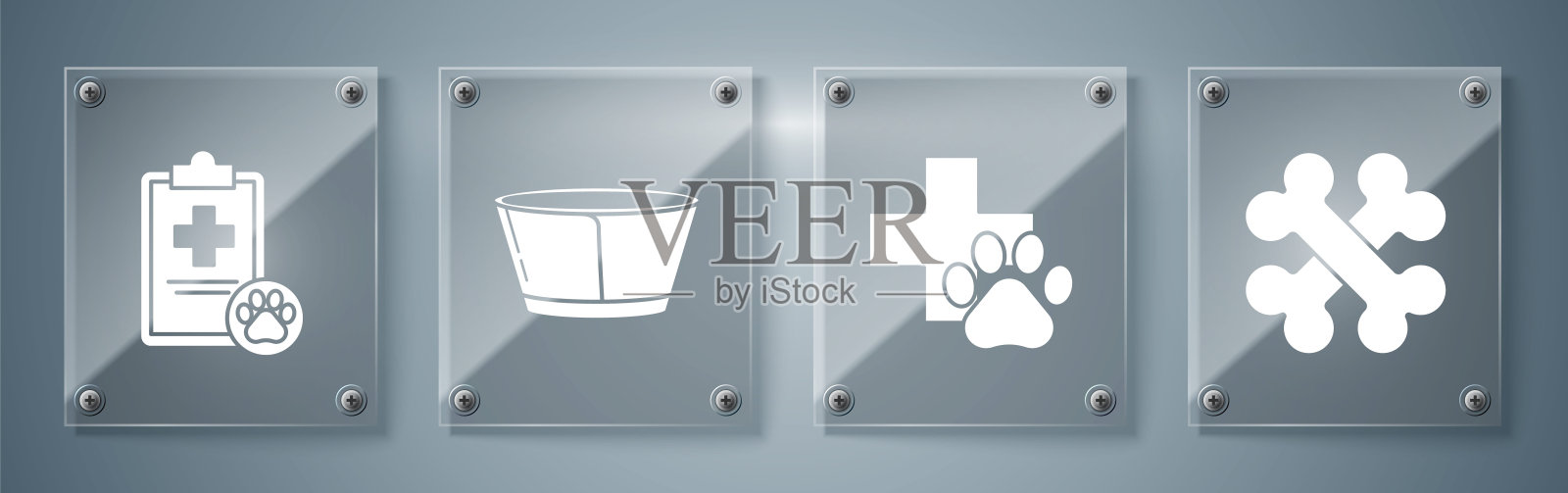 设置交叉骨头，兽医诊所标志，保护锥项圈和剪贴板与医疗临床记录宠物。方形玻璃面板。向量插画图片素材