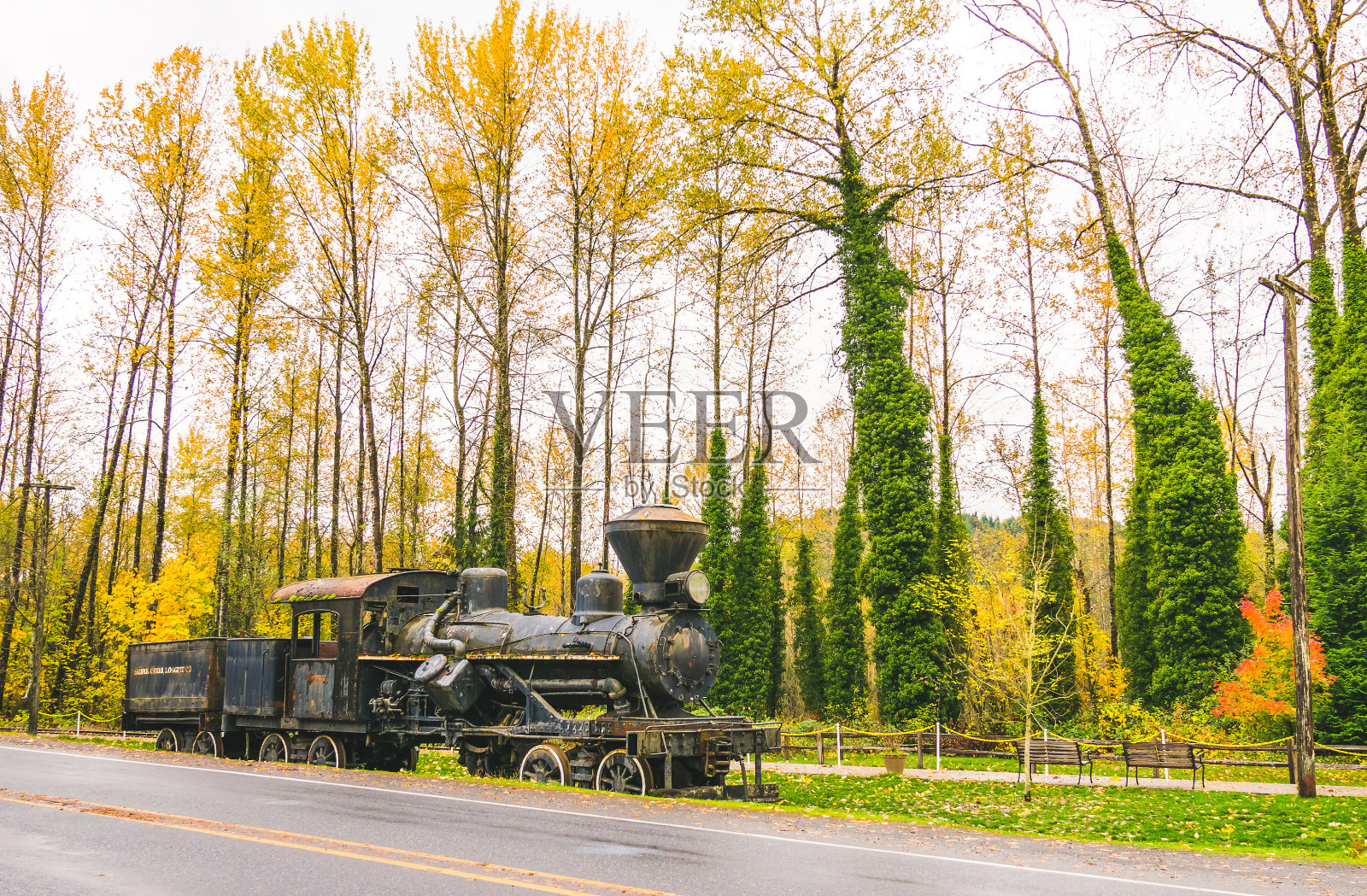 美国华盛顿州易北市雷尼尔山国家公园秋季的老火车。照片摄影图片