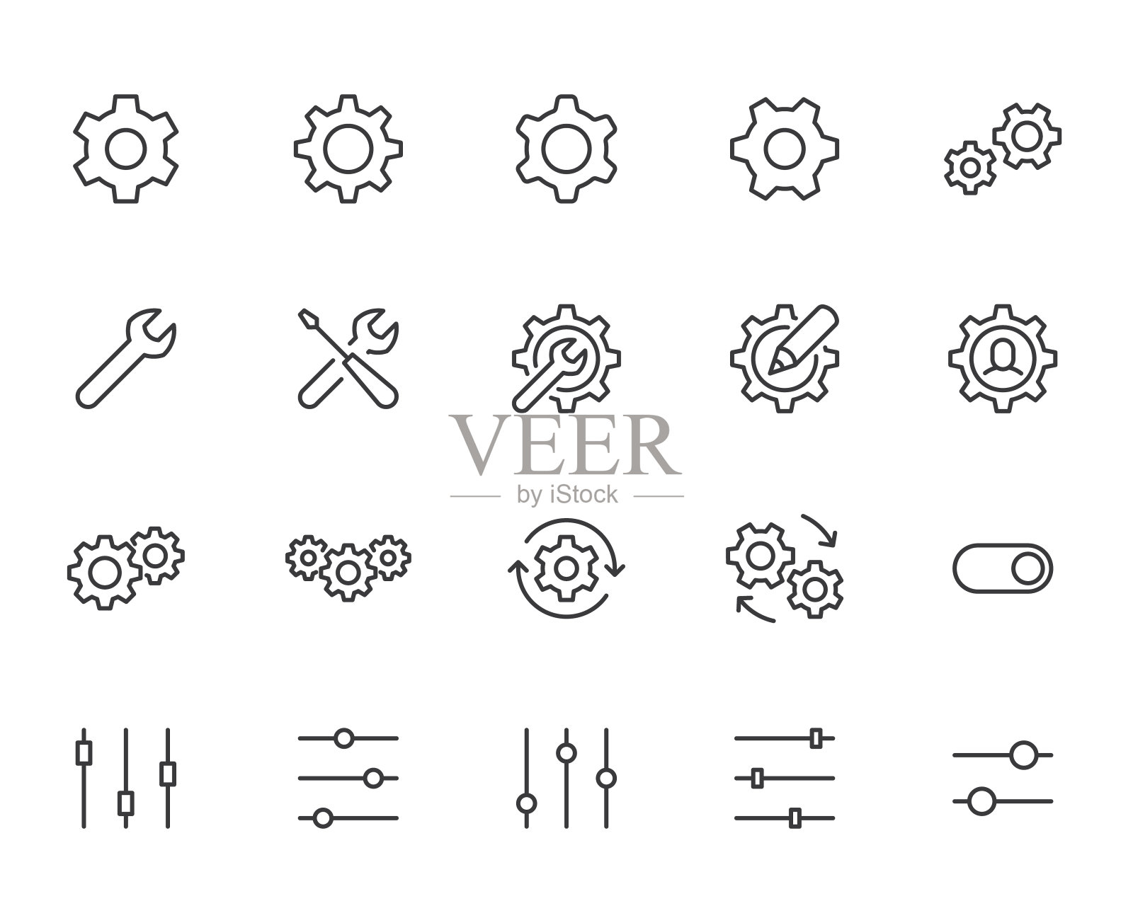 齿轮，齿轮线图标设置。App设置按钮，滑块，扳手工具，修正概念最小矢量插图。简单的平面轮廓标志的web界面。像素完美。可编辑的中风图标素材