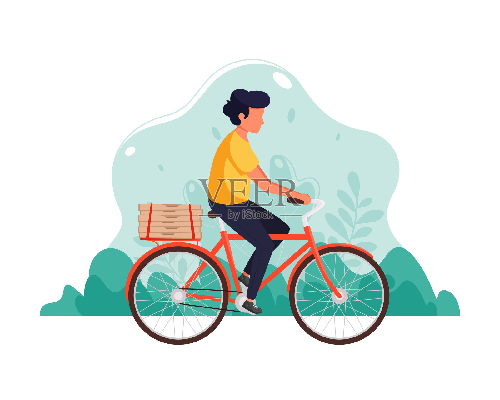 自行车送餐。骑着自行车拿着披萨盒的人，还有送货服务。自行车交付的概念。矢量插图在平面风格。插画图片素材