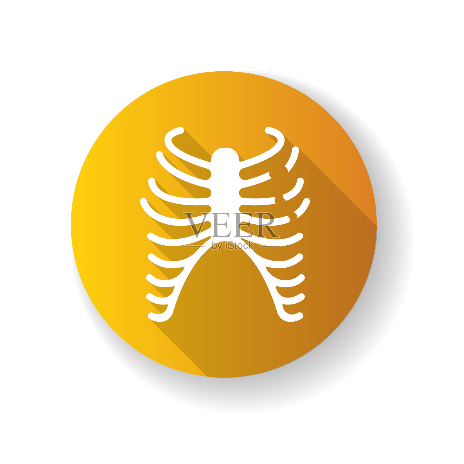 肋骨骨折黄色扁平设计长阴影字形图标。胸部损伤。骨折。受伤的肋骨。事故。医疗保健。医疗条件。伤害身体的一部分。剪影RGB彩色插图插画图片素材