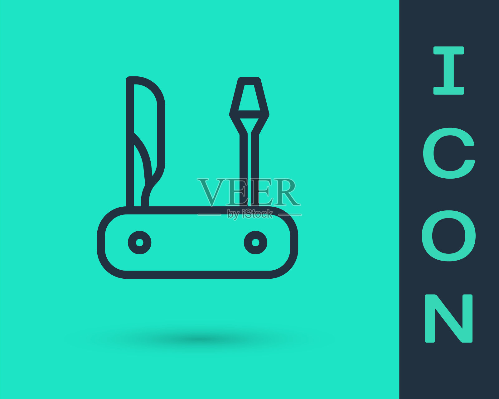 黑线瑞士军刀图标孤立在绿色背景。多刀,多功能小刀。多功能工具。向量图标素材