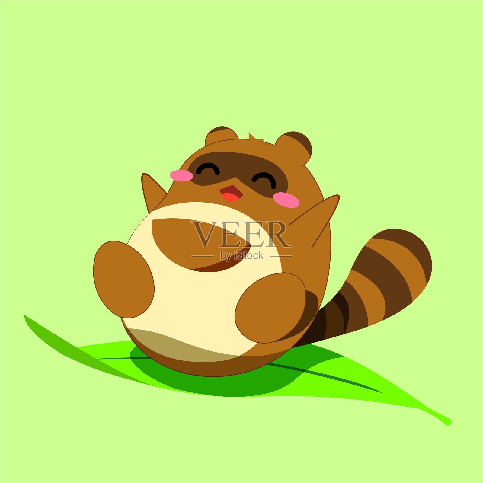 叶子上飞着一只棕色的浣熊。浣熊的性格。矢量图设计元素图片