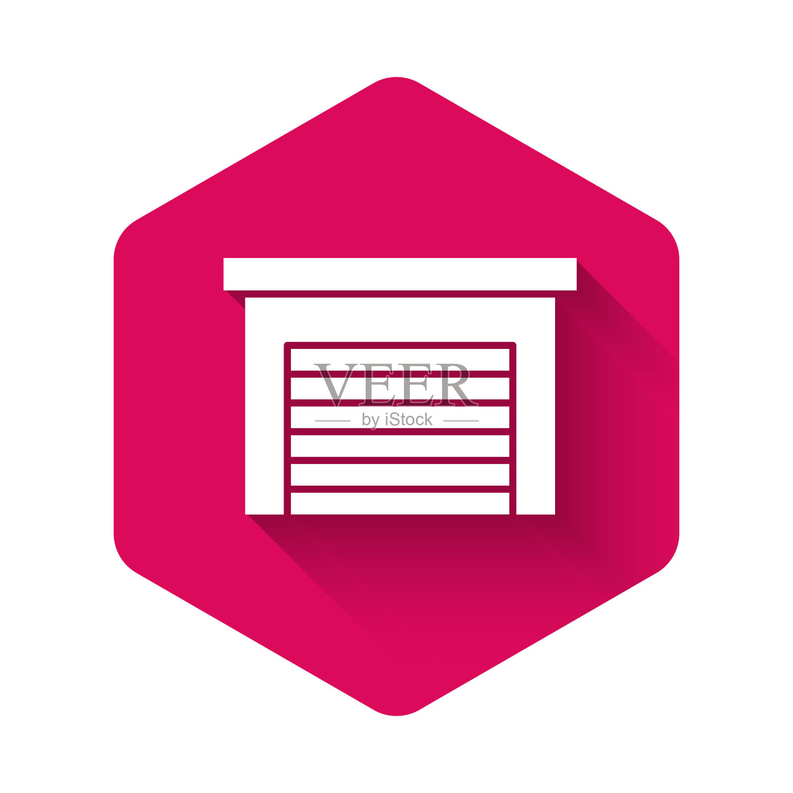 白色车库图标孤立与长影子。粉红色的六角按钮。向量图标素材