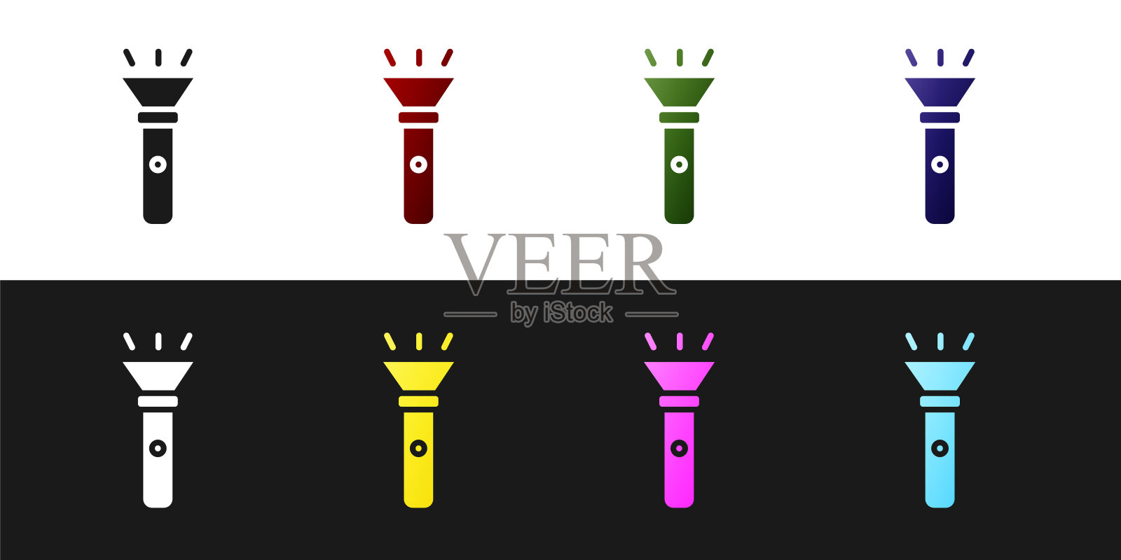 设置手电筒图标隔离在黑色和白色的背景。向量图标素材