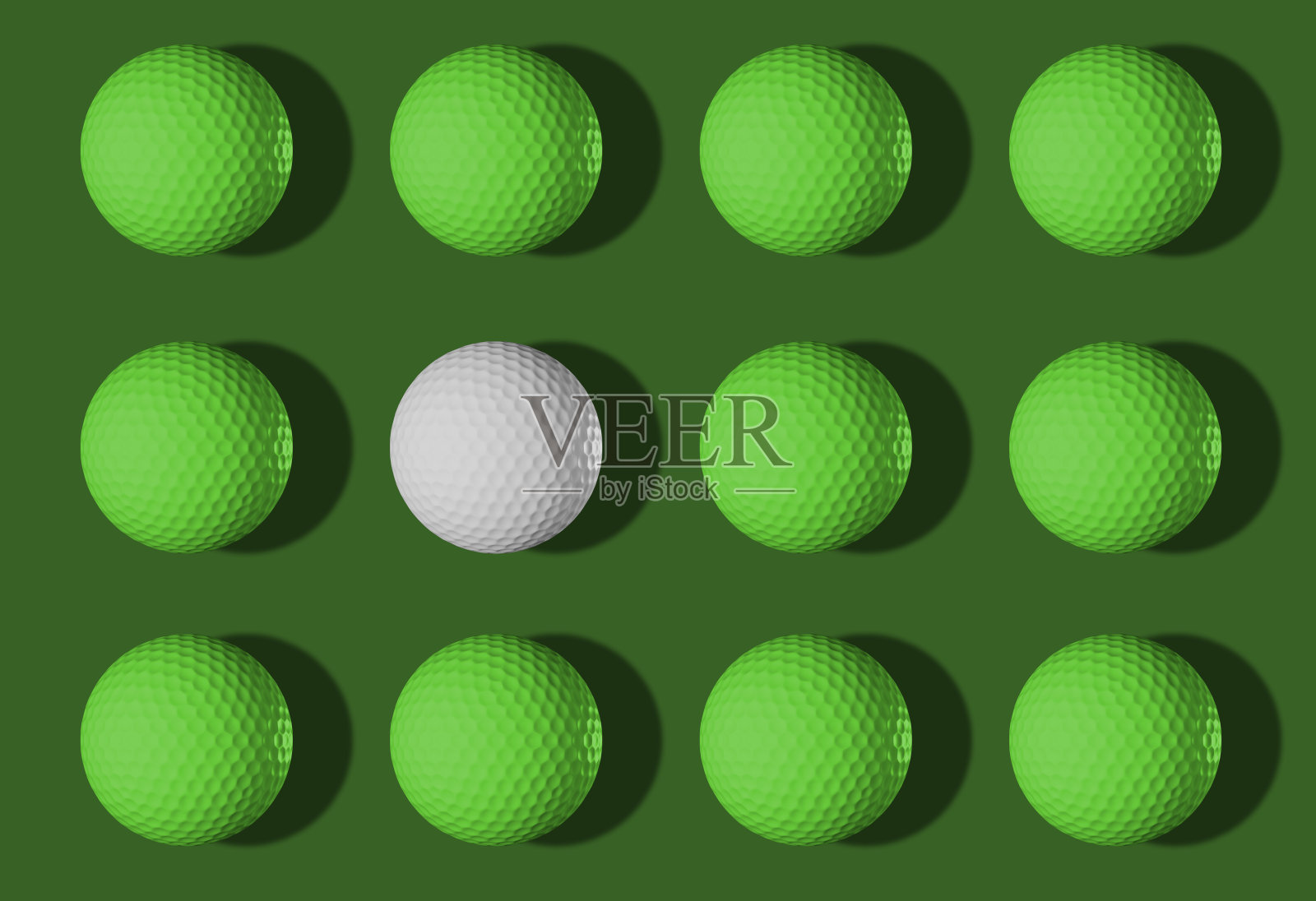 白色的高尔夫球和许多绿色的高尔夫球在绿色的背景。这张照片展示了“做你自己”成功的信息。最小的运动理念。3 d渲染。照片摄影图片