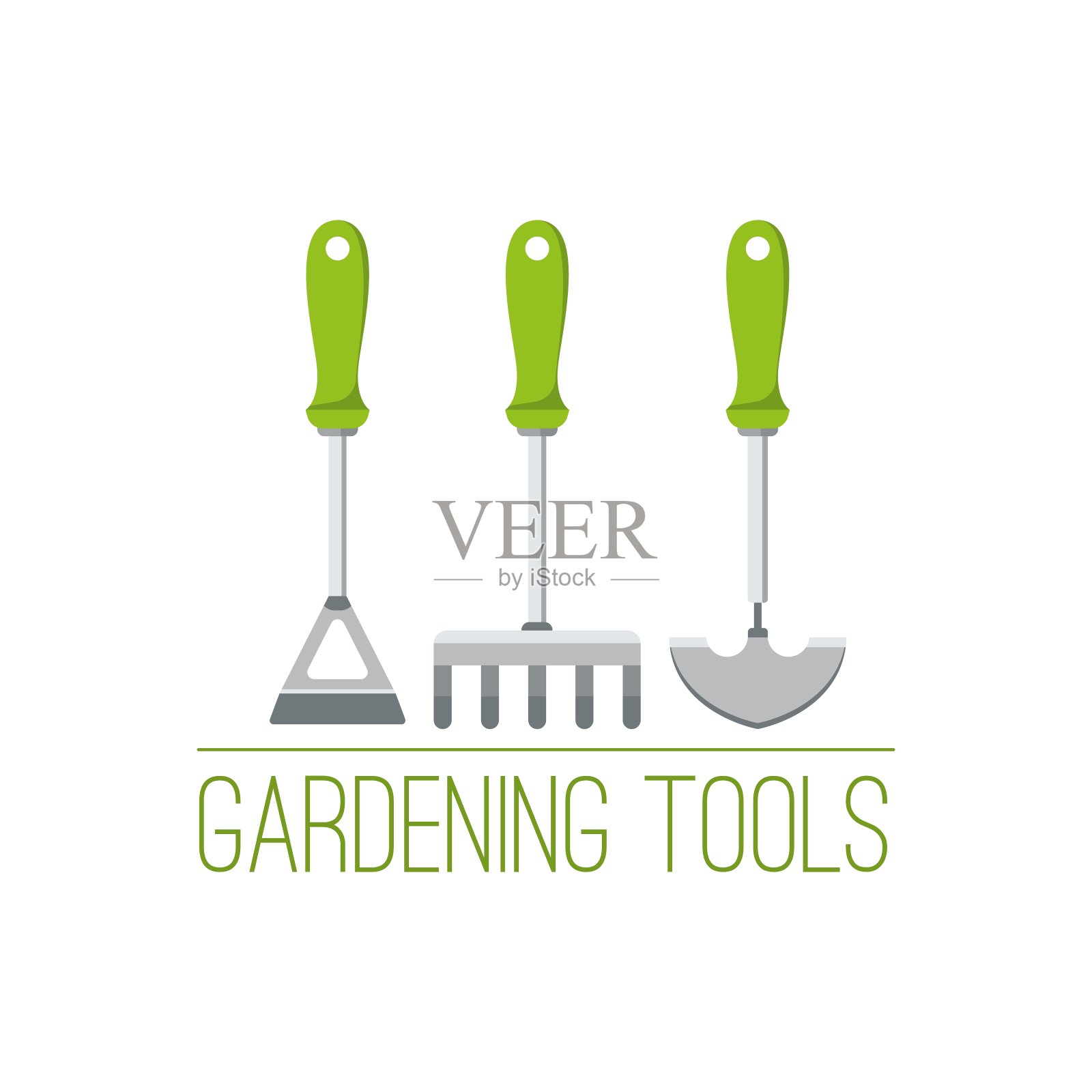 园艺工具标志与锄头，耙子和泥铲。园艺器械广告概念。园艺设计。平面矢量插图与文本。插画图片素材