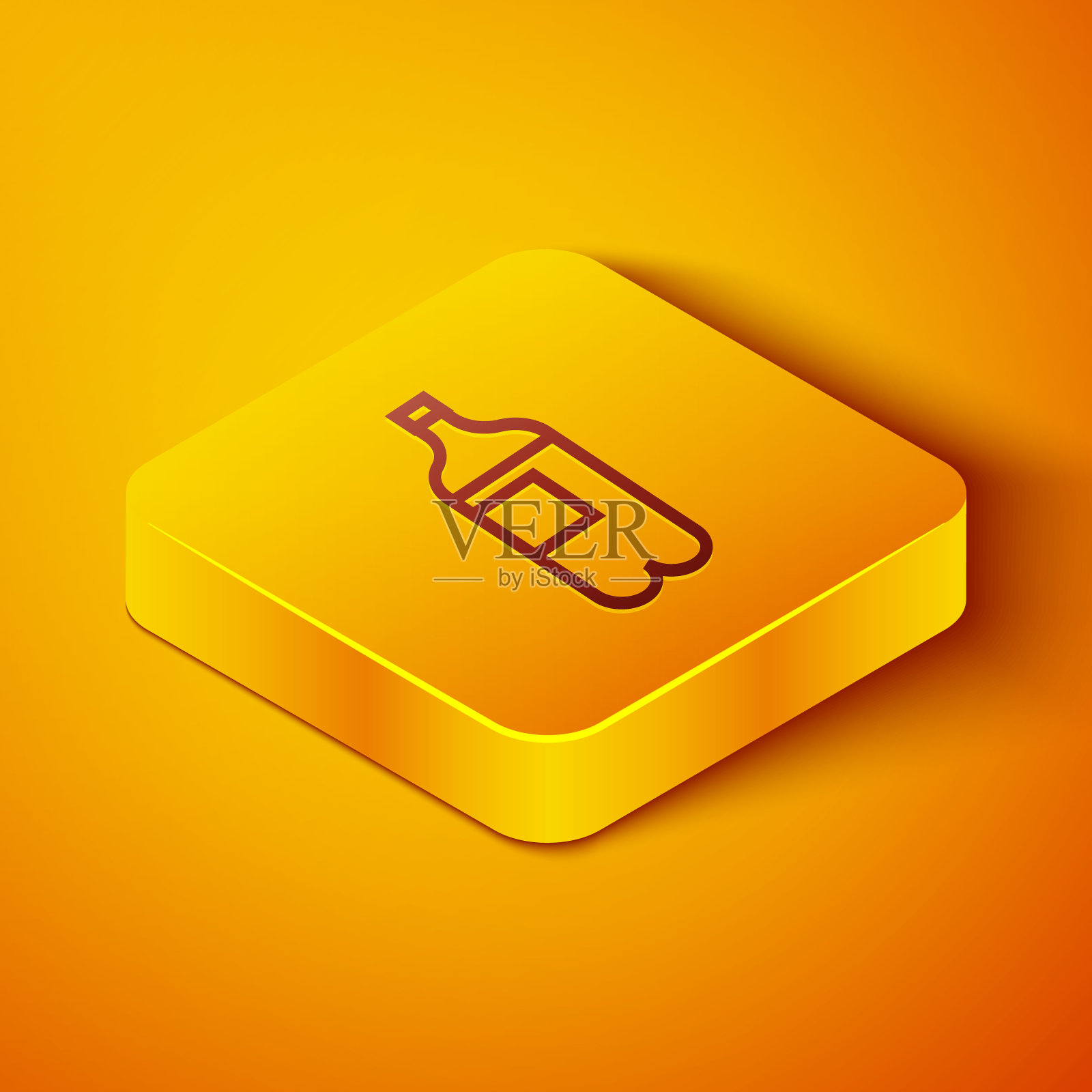 等距线瓶装水图标孤立在橙色背景。苏打水饮料标志。黄色正方形按钮。矢量图图标素材