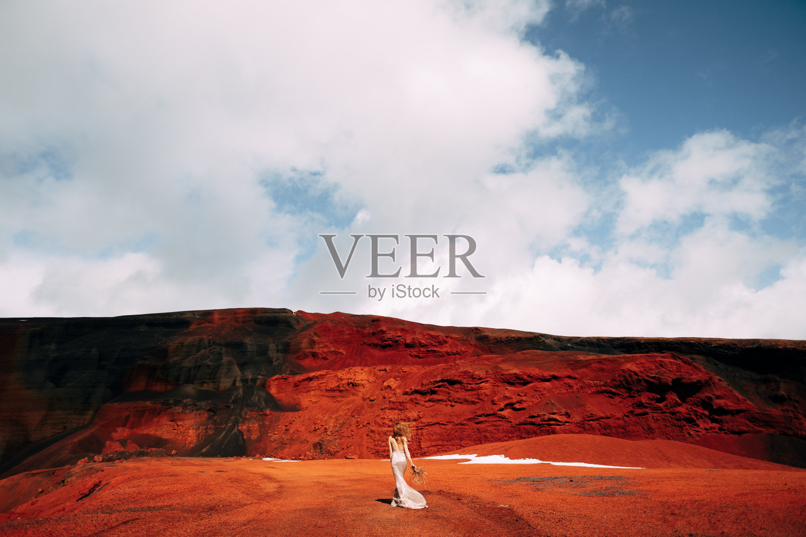 一名身穿金色婚纱的新娘模特的肖像，在冰岛一个火山口的黄红色沙地采石场，黄金圈。一束断枝和金色的树枝。照片摄影图片