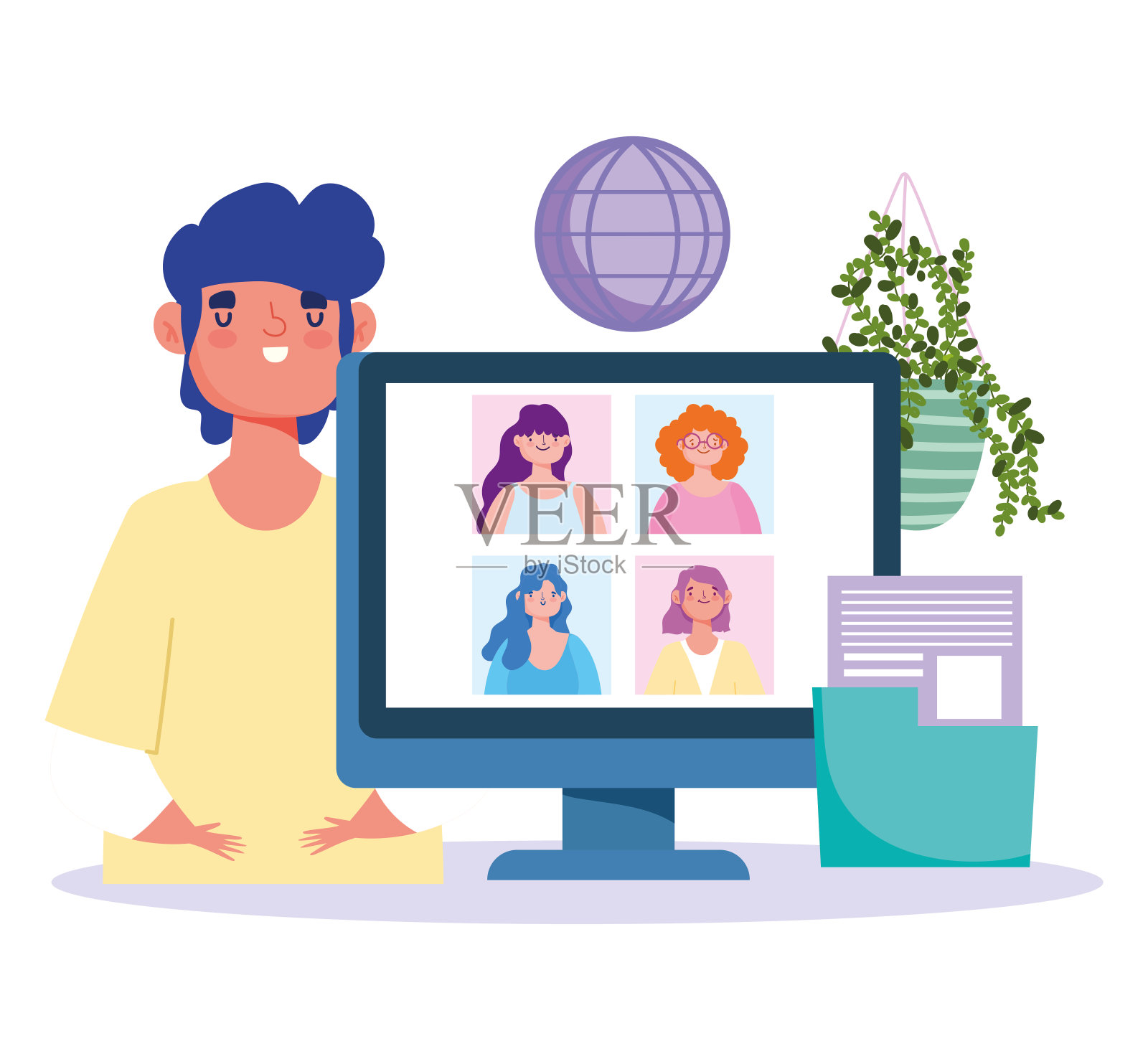 网络会议或会议期间的冠状病毒19，人与计算机连接世界的人插画图片素材