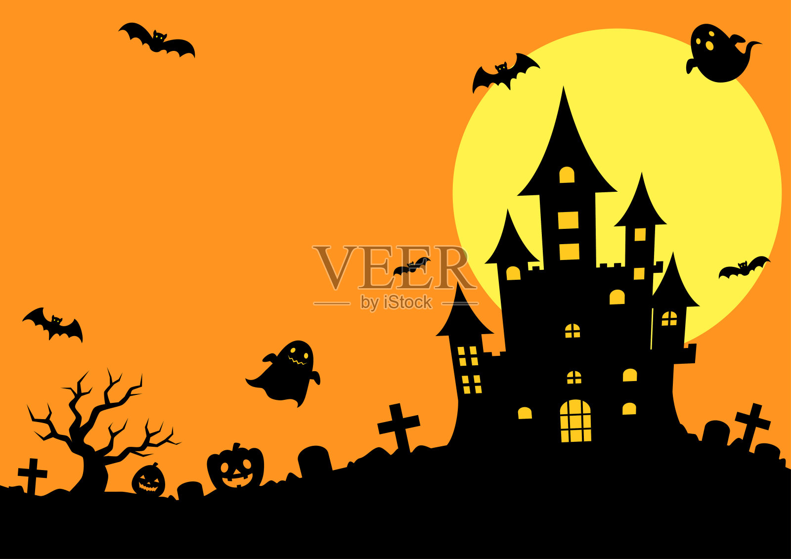 万圣节插图:城堡，满月，南瓜，闹鬼，蝙蝠插画图片素材