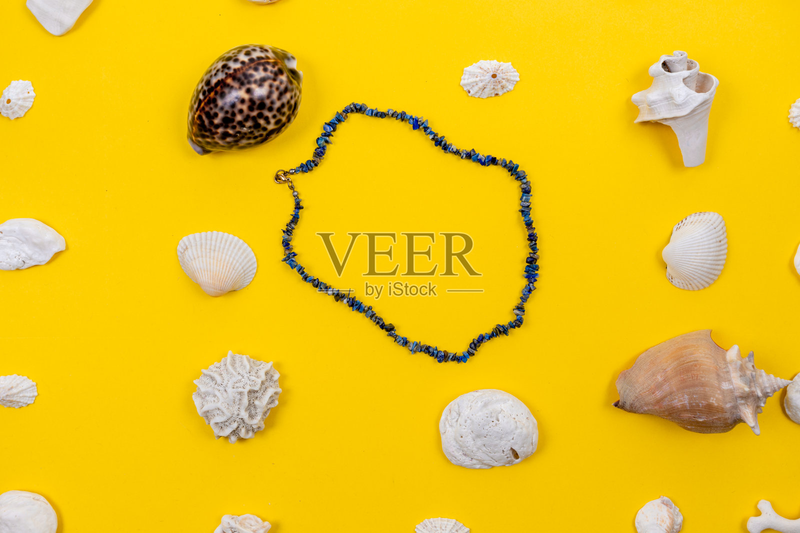 黄色背景上的人造珠宝和贝壳照片摄影图片