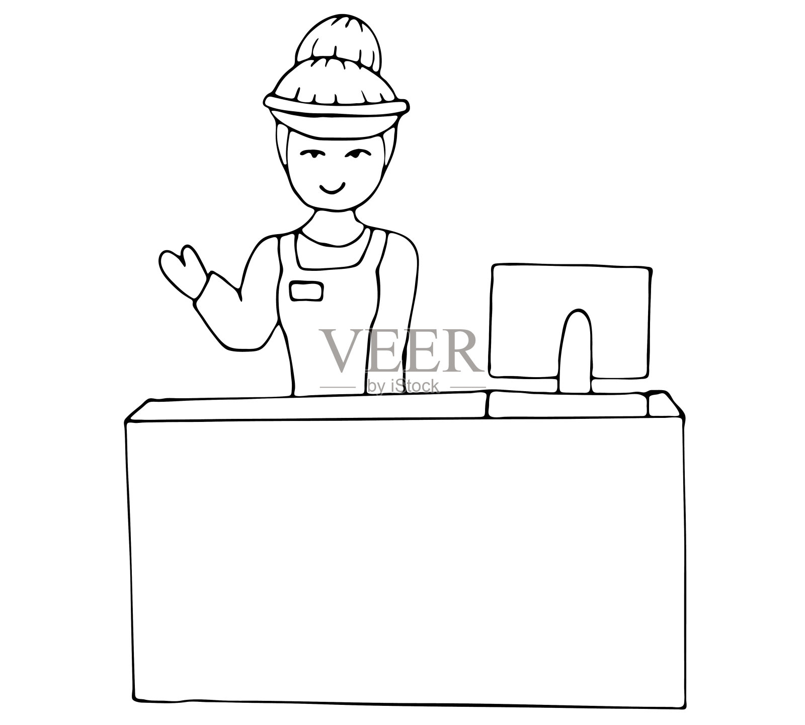 在商店收银台的收银员，矢量插图涂鸦风格插画图片素材