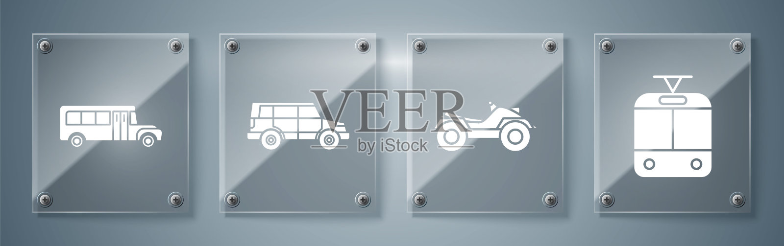 设有电车、铁路、全地形车、摩托车、越野车、校车等。方形玻璃面板。向量设计元素图片