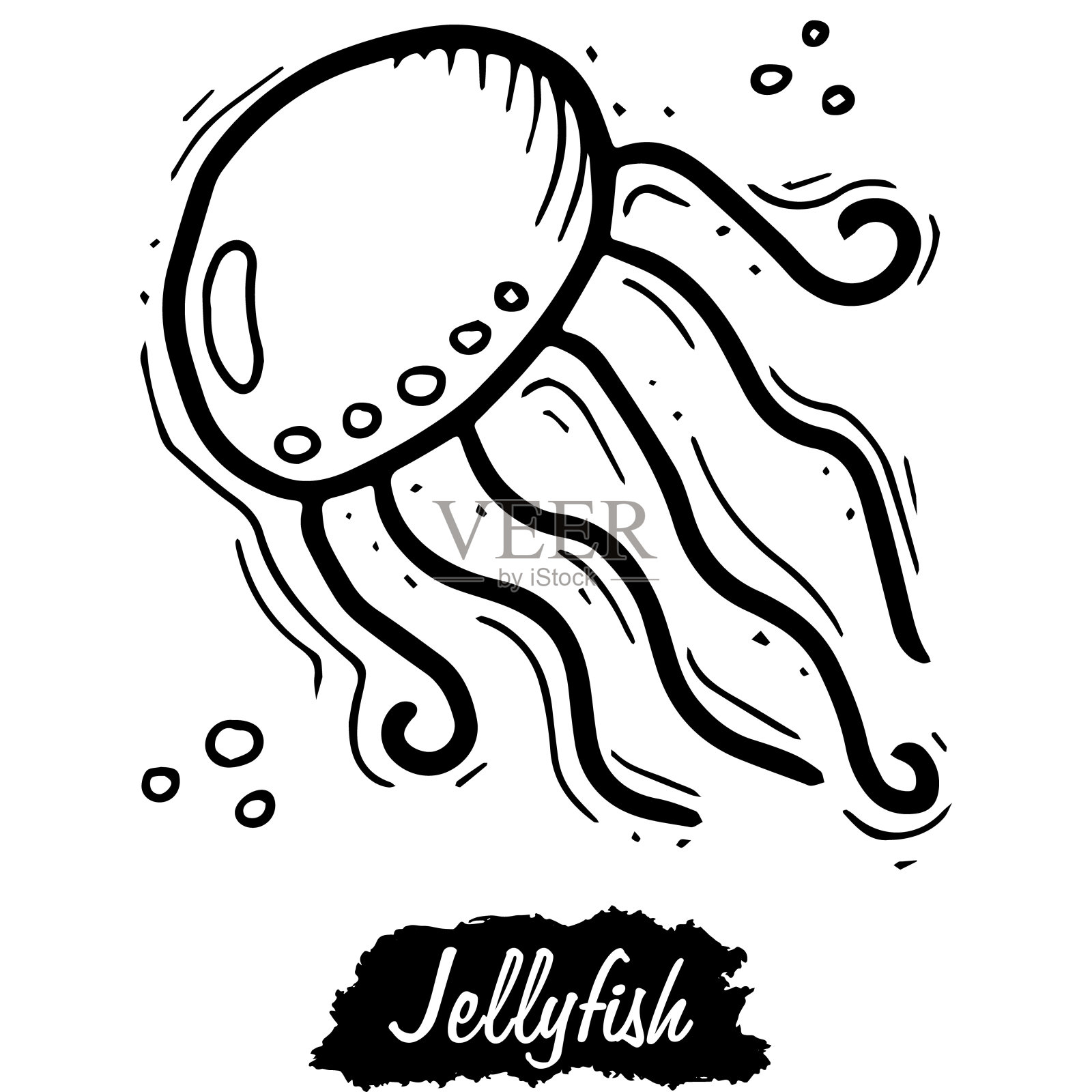 水母孤立在白色背景上。黑色复古向量插画图片素材