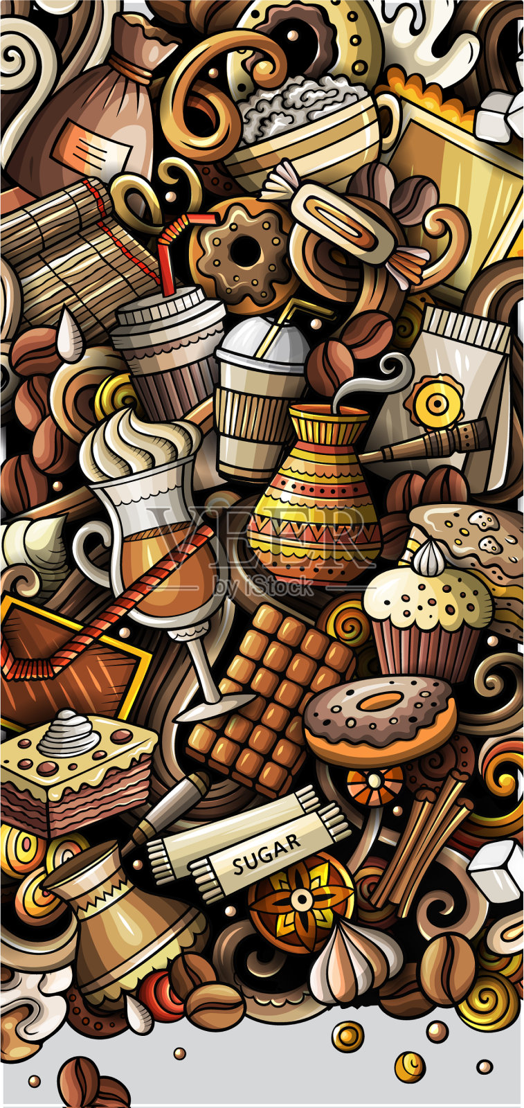 咖啡手绘涂鸦横幅卡通详细插画图片素材