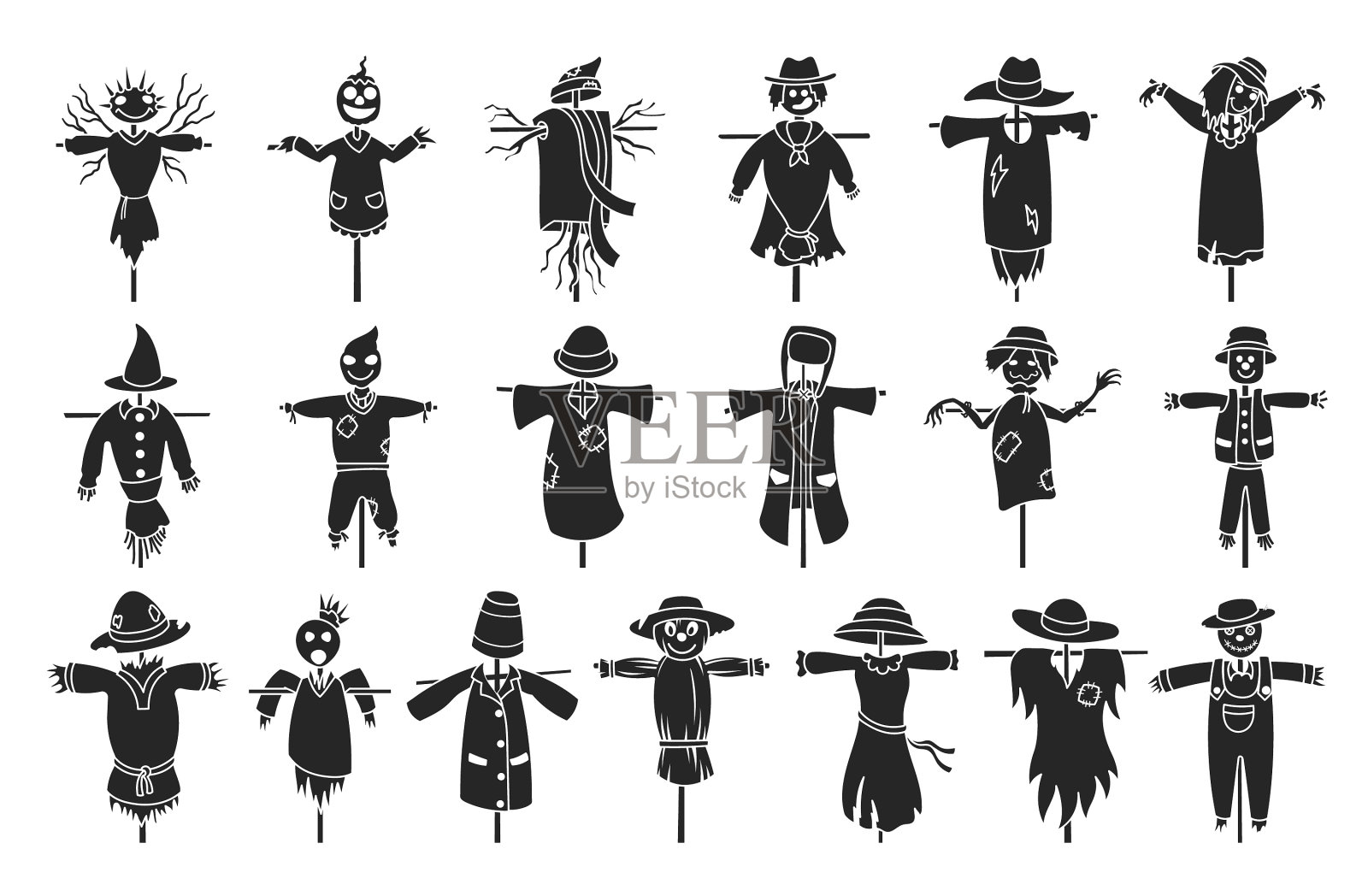 花园稻草人黑色设置图标孤立图标素材