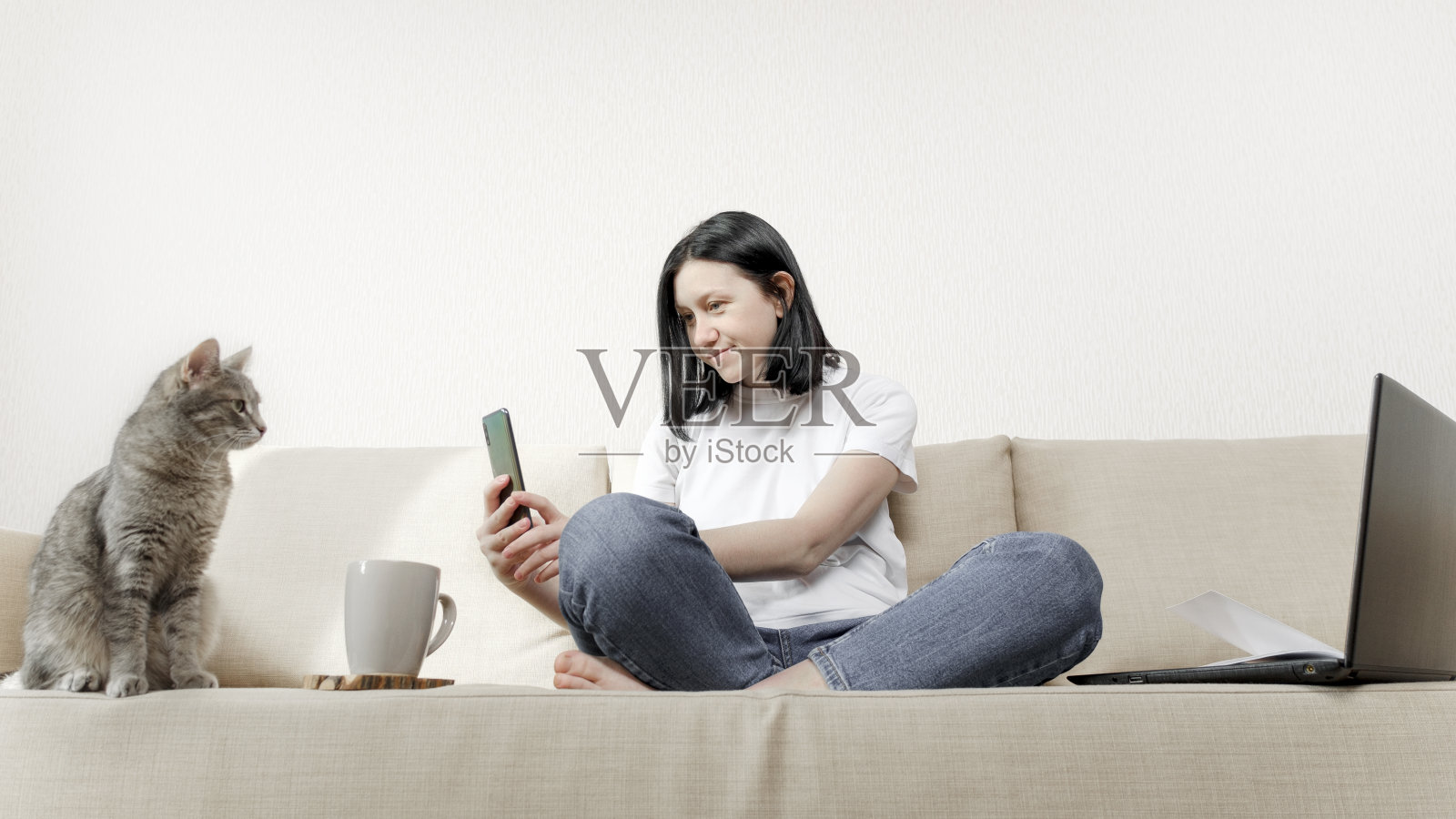 在家工作的概念——一个年轻的女人为了用智能手机给她的灰猫拍照而分心。女学生自由职业者在家里工作与她的猫的任务。照片摄影图片