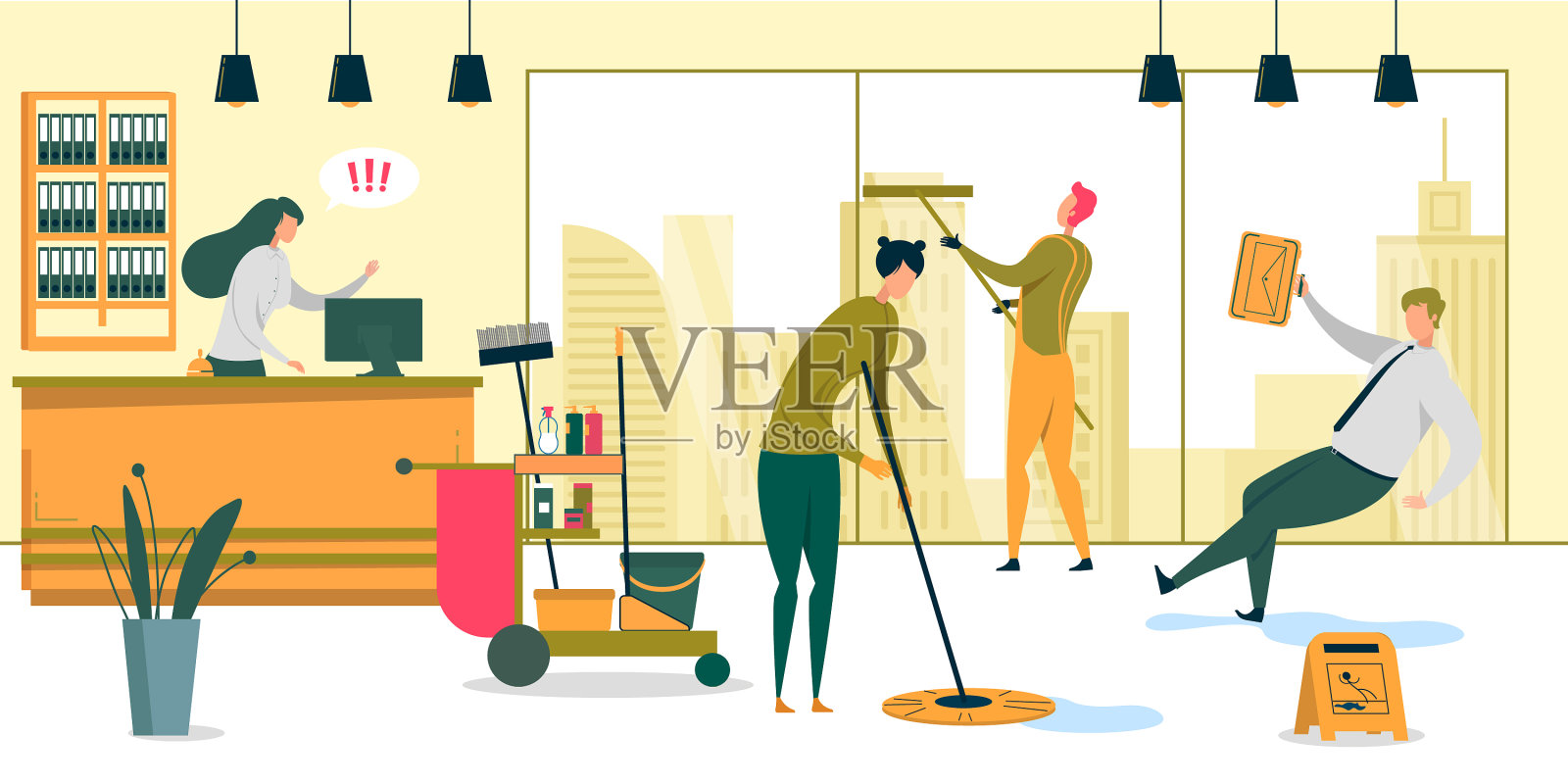 人们用专用设备清洁办公室插画图片素材