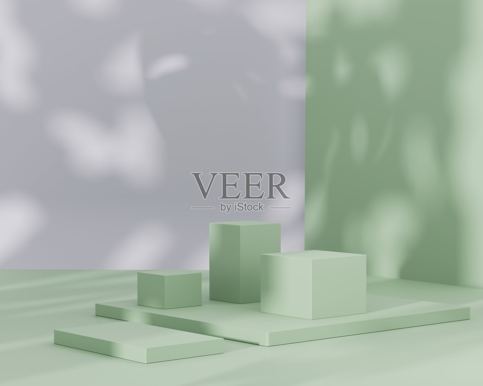 3D广场裙台显示设置在柔和的绿色和白色背景复制空间与夏季阴影。展柜底座组产品推广横幅。时髦的抽象3D渲染插图模板。照片摄影图片