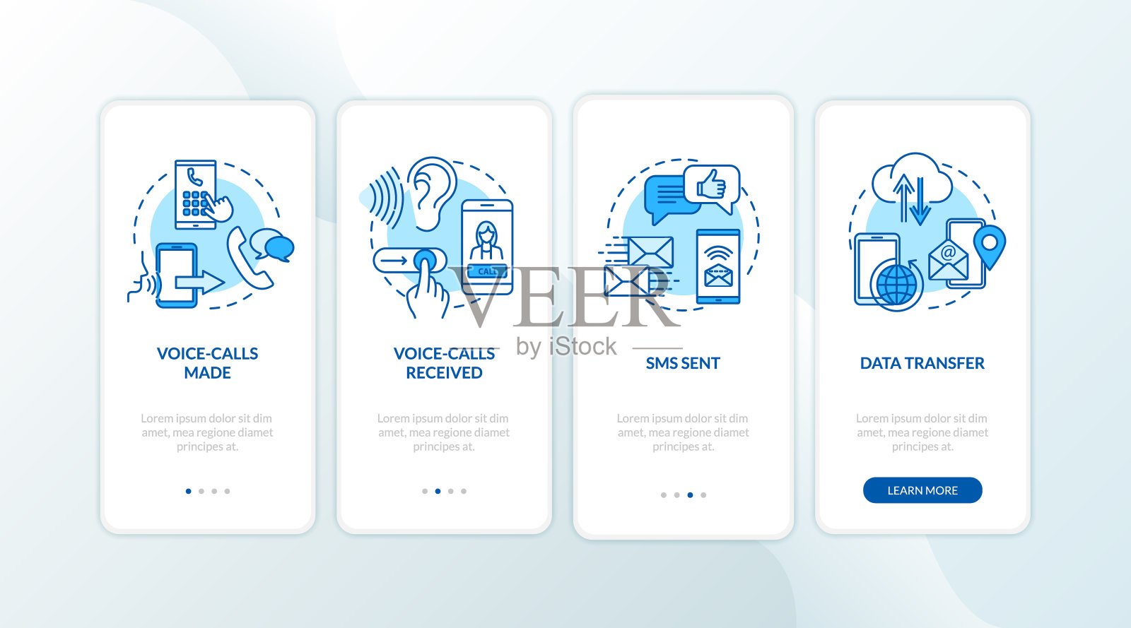 语音通话和短信服务在移动应用程序页面屏幕上的概念。数据传输，漫游4步图形指令。UI矢量模板与RGB颜色的插图设计模板素材