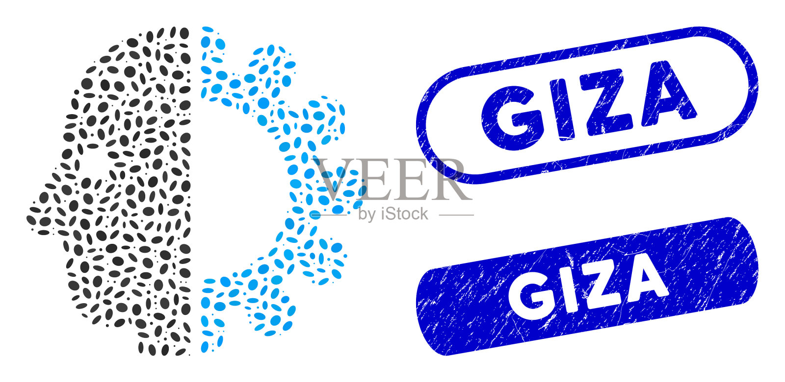 椭圆形马赛克半机械人头与危难吉萨邮票插画图片素材