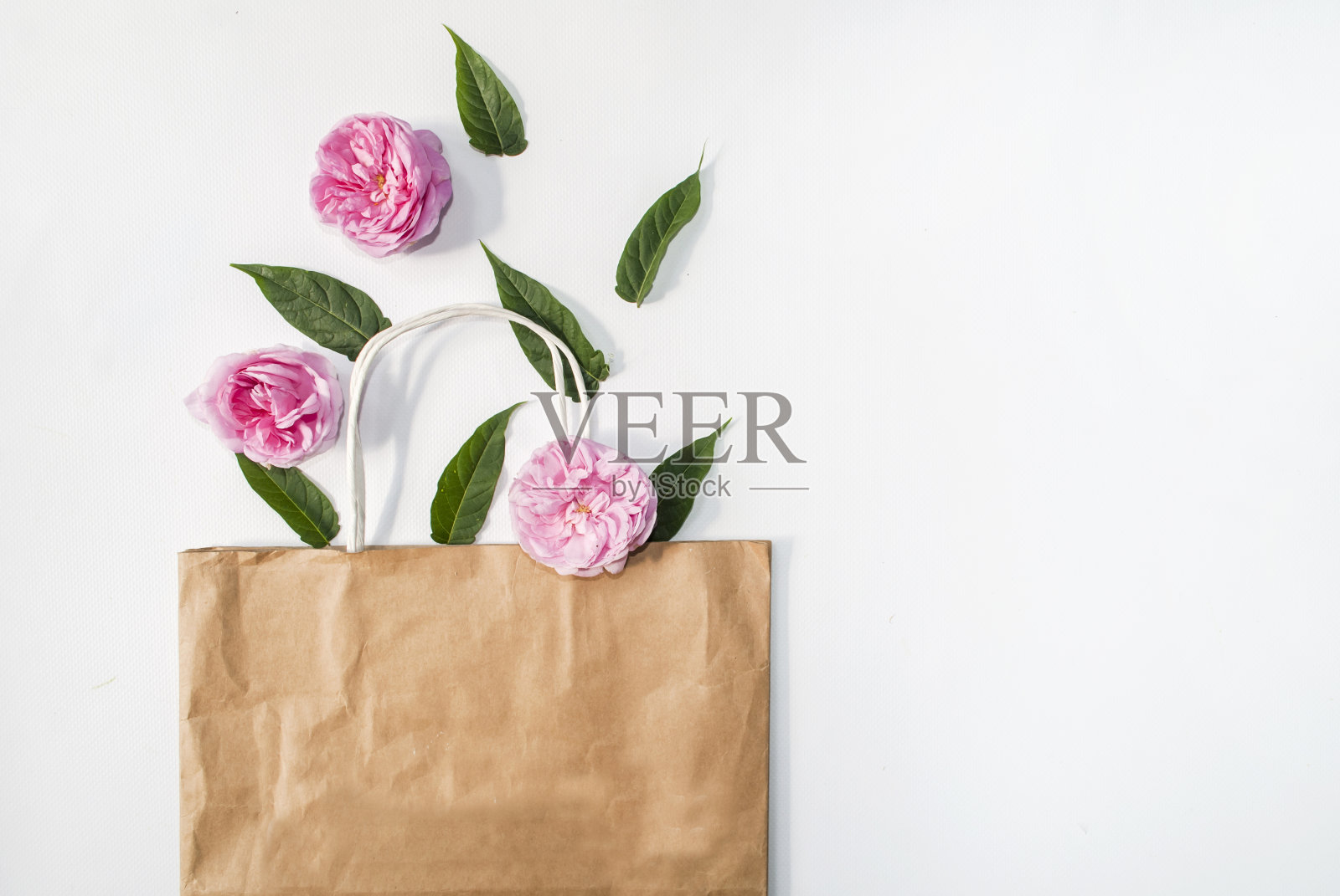 纸袋和绿叶孤立在白色的背景。现成的生态购物概念。前视图。平的。照片摄影图片